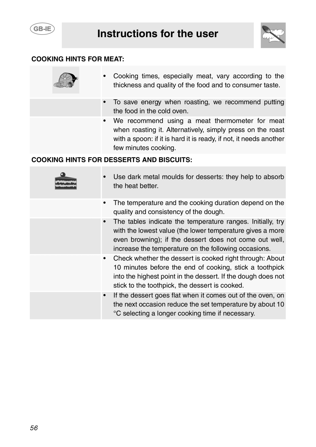 Smeg SCP111NE2, SCP111-2, SCP111EB2 manual Cooking Hints for Meat, Cooking Hints for Desserts and Biscuits 