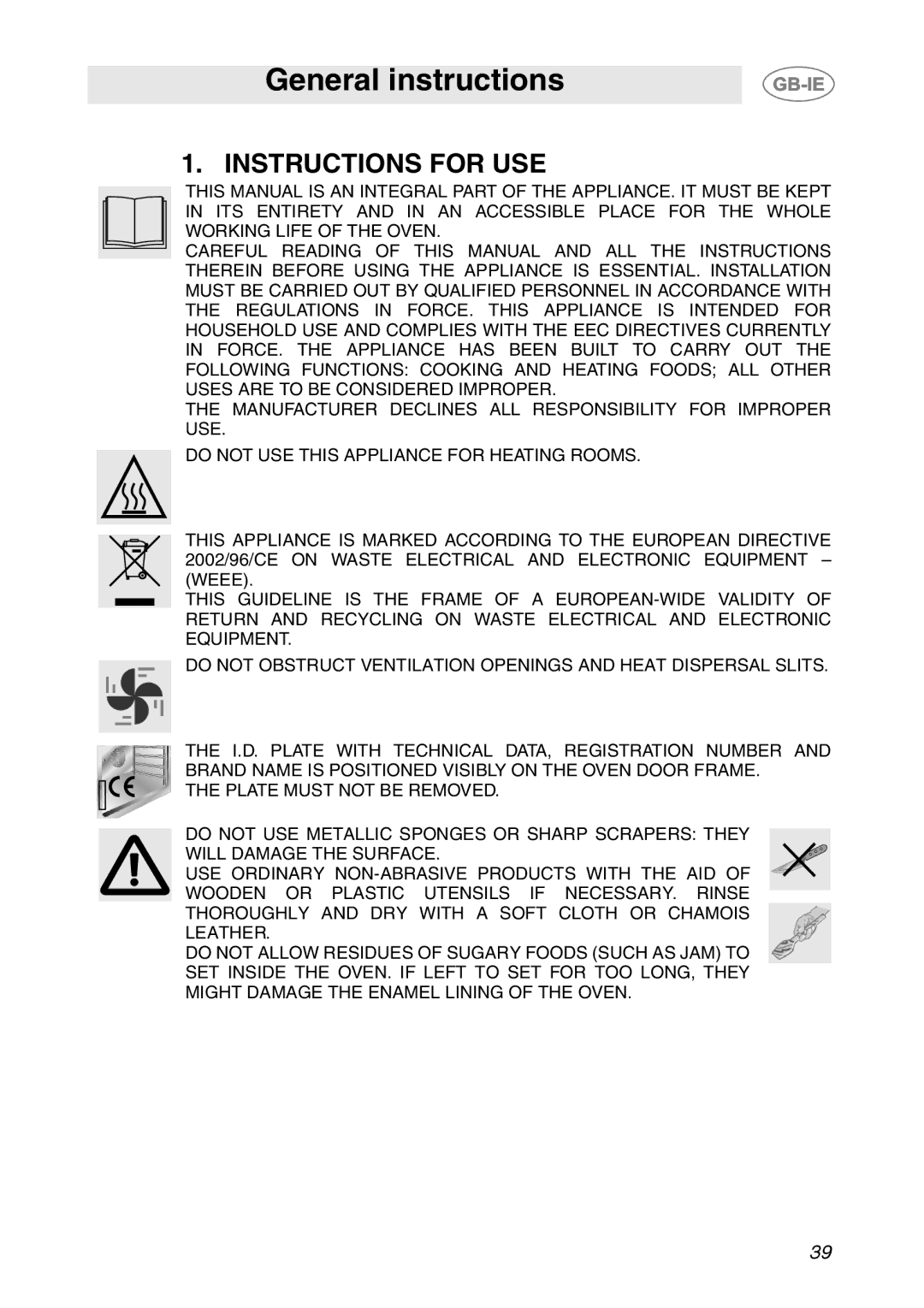 Smeg SCP111EB2, SCP111-2, SCP111NE2 manual General instructions 