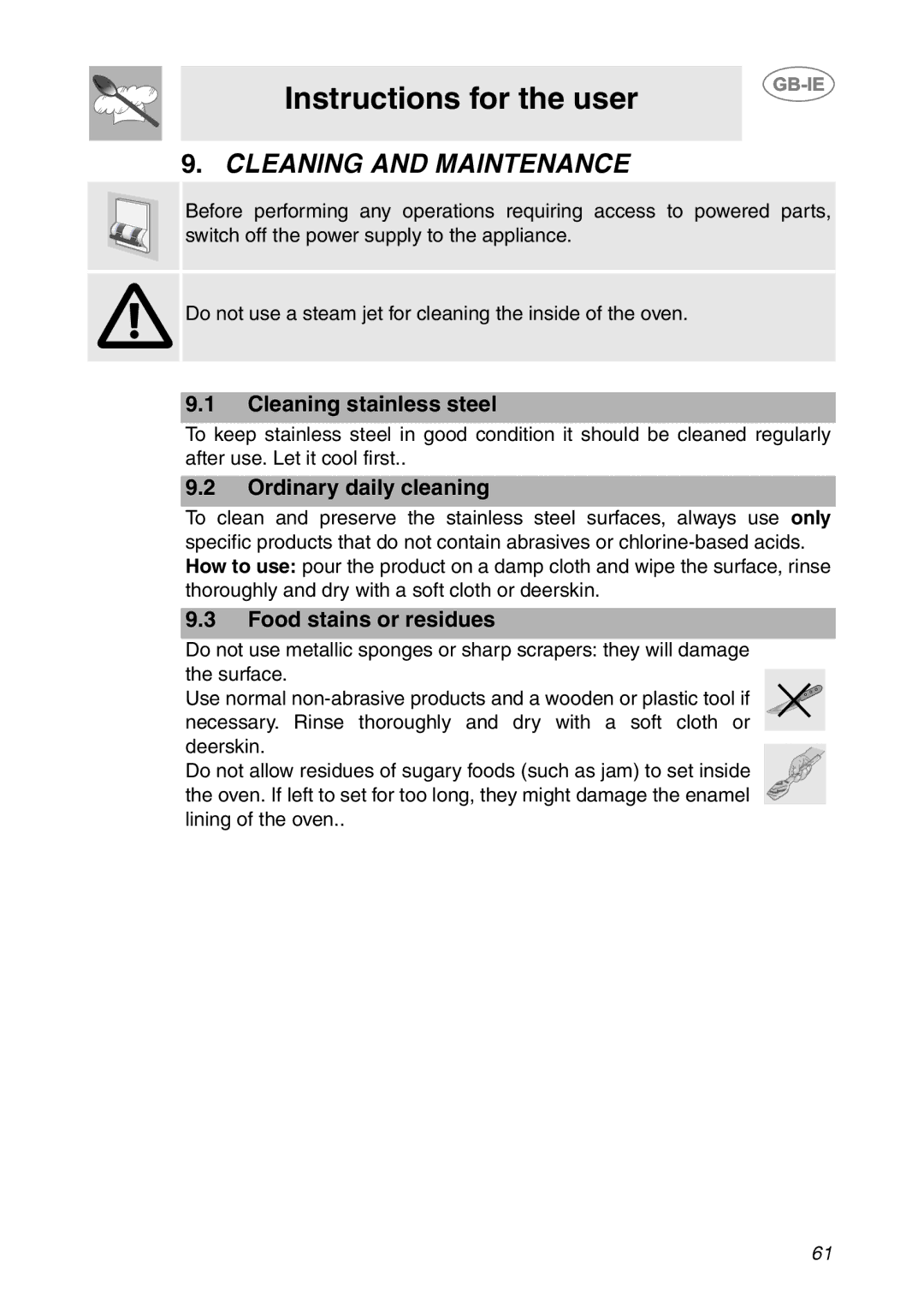 Smeg SCP111-2 manual Cleaning and Maintenance, Cleaning stainless steel, Ordinary daily cleaning, Food stains or residues 