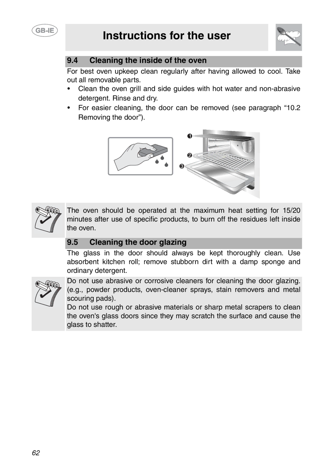 Smeg SCP111NE2, SCP111-2, SCP111EB2 manual Cleaning the inside of the oven, Cleaning the door glazing 