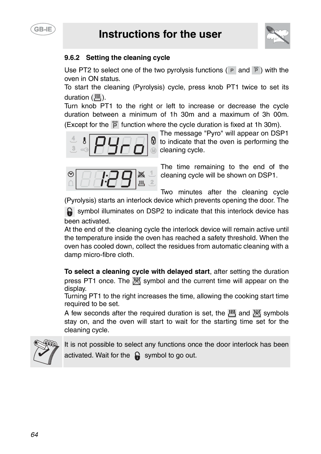 Smeg SCP111-2, SCP111NE2, SCP111EB2 manual Setting the cleaning cycle, Cleaning cycle will be shown on DSP1 