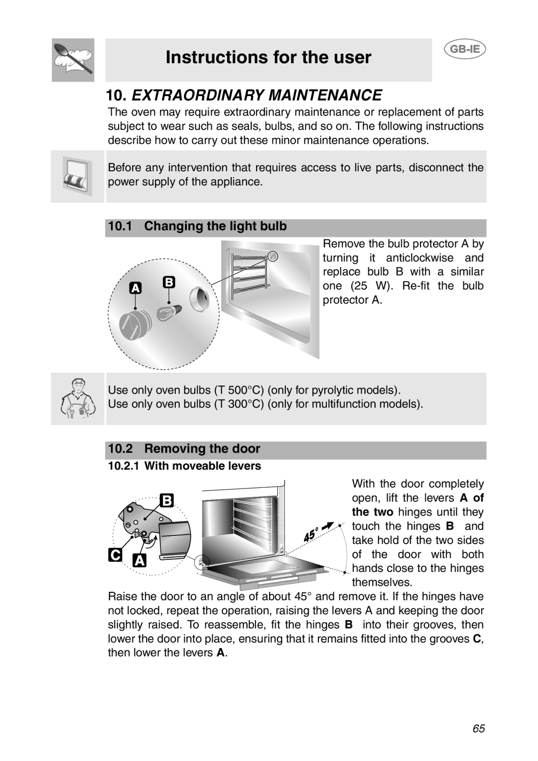 Smeg SCP111NE2, SCP111-2 Extraordinary Maintenance, Changing the light bulb, Removing the door 10.2.1 With moveable levers 