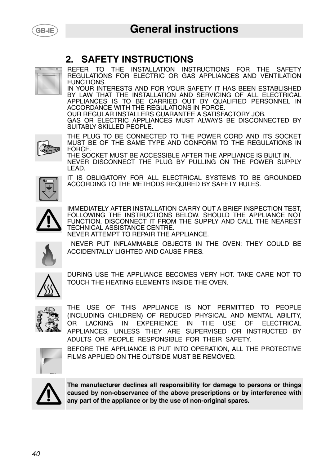 Smeg SCP111-2, SCP111NE2, SCP111EB2 manual Safety Instructions 