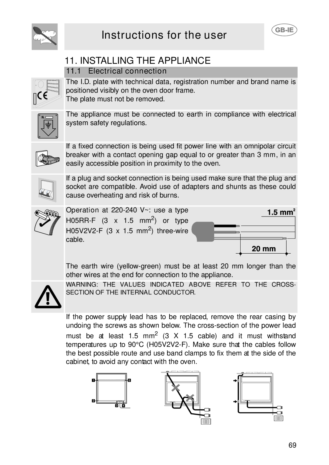 Smeg SCP111EB2, SCP111-2, SCP111NE2 Installing the Appliance, Electrical connection, Operation at 220-240 V~ use a type 