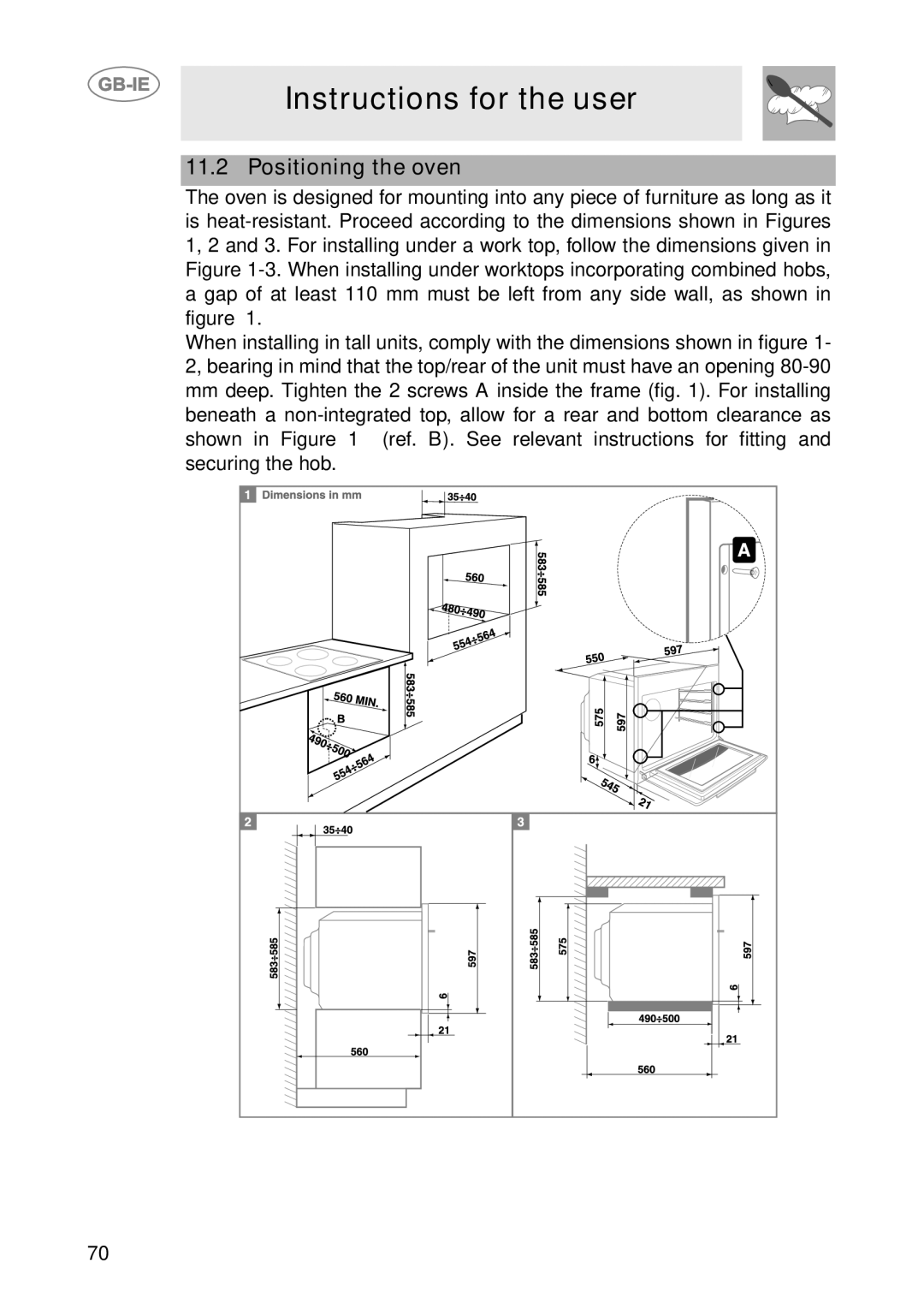 Smeg SCP111-2, SCP111NE2, SCP111EB2 manual Positioning the oven 