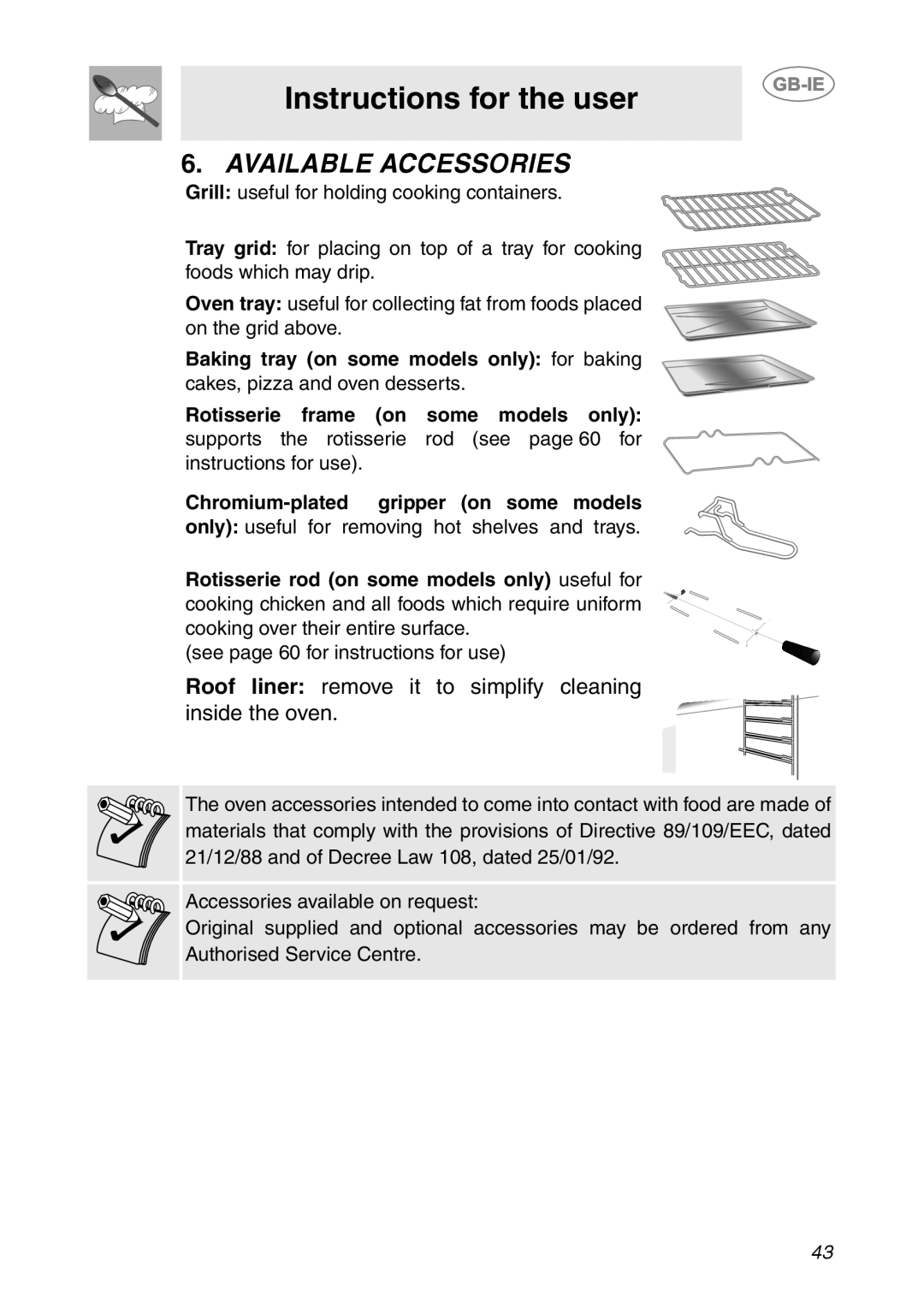 Smeg SCP111-2 Available Accessories, Baking tray on some models only for baking, Rotisserie frame on some models only 