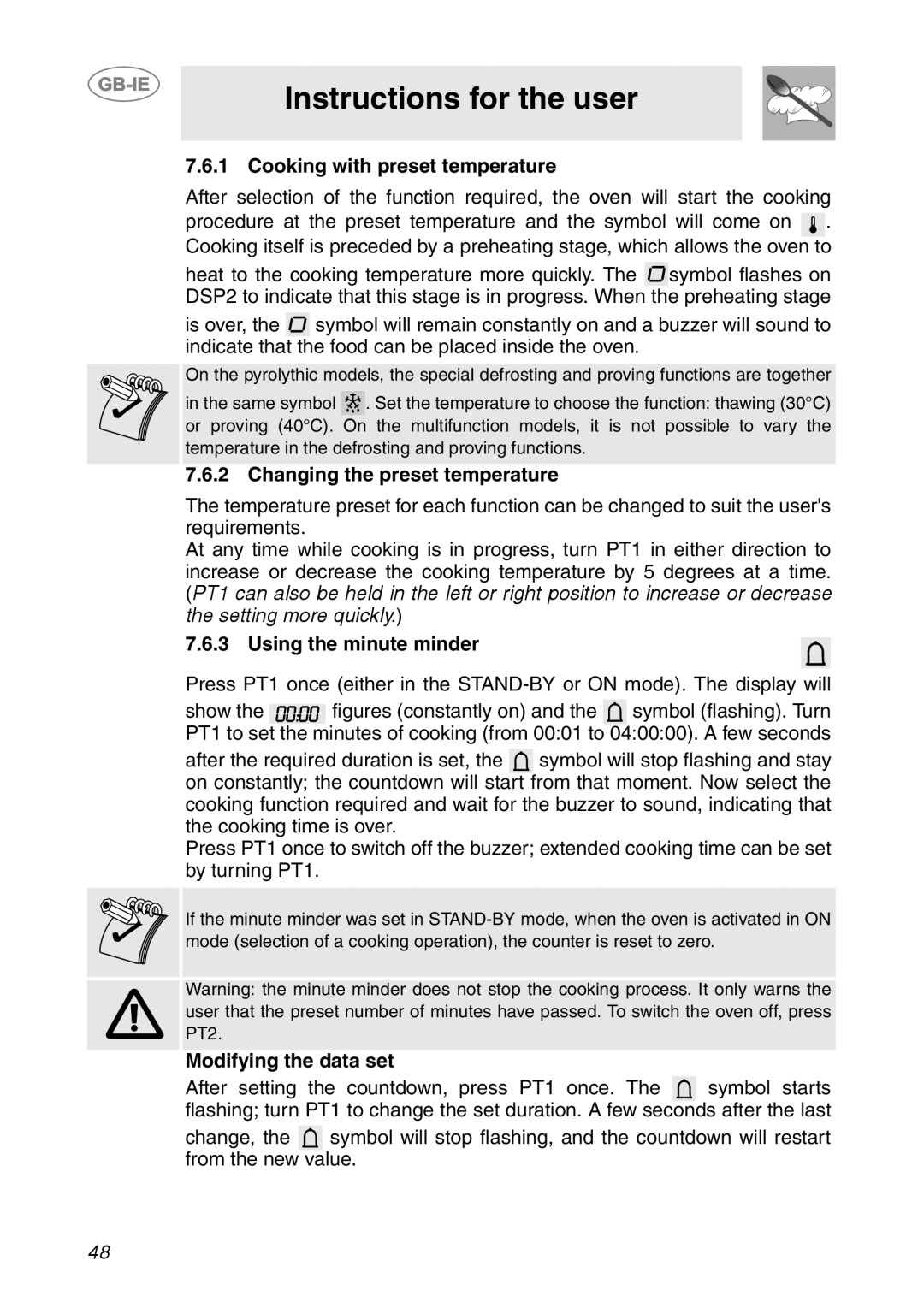 Smeg SCP111EB2, SCP111-2 manual Instructions for the user, Cooking with preset temperature, Changing the preset temperature 