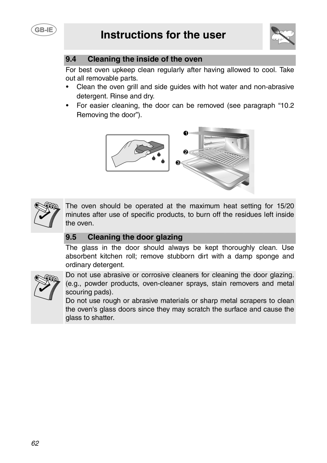 Smeg SCP111NE2, SCP111-2, SCP111EB2 Instructions for the user, Cleaning the inside of the oven, Cleaning the door glazing 
