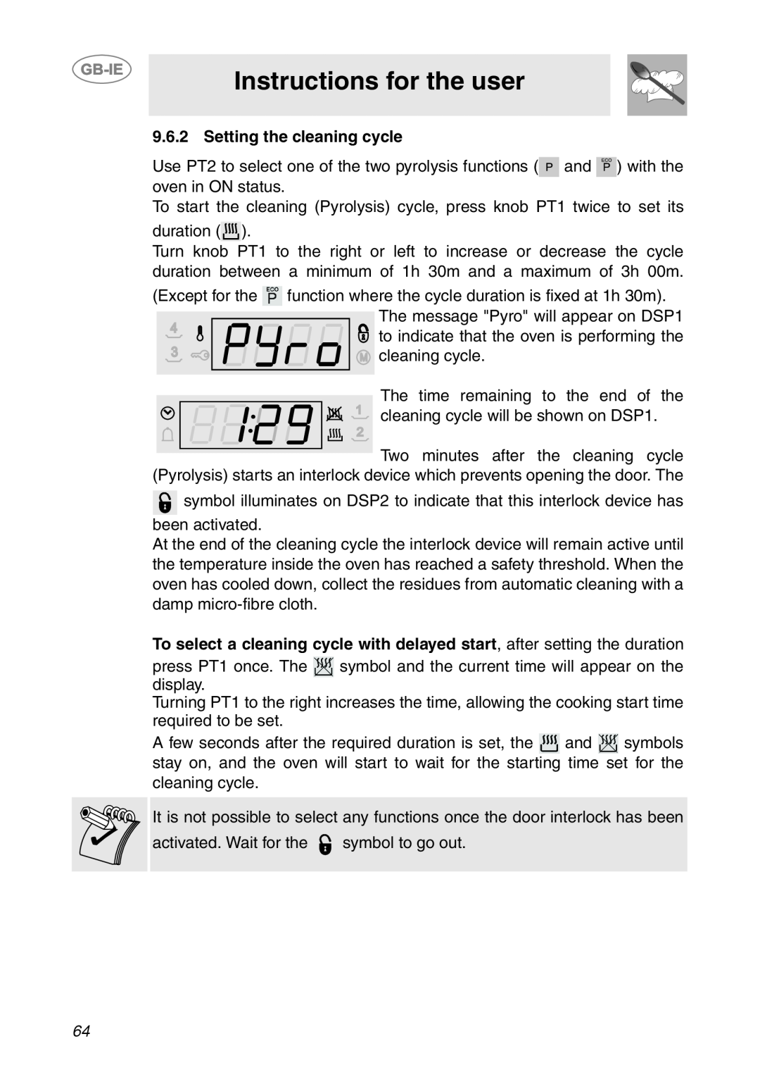 Smeg SCP111-2, SCP111NE2 manual Instructions for the user, Setting the cleaning cycle, The message Pyro will appear on DSP1 