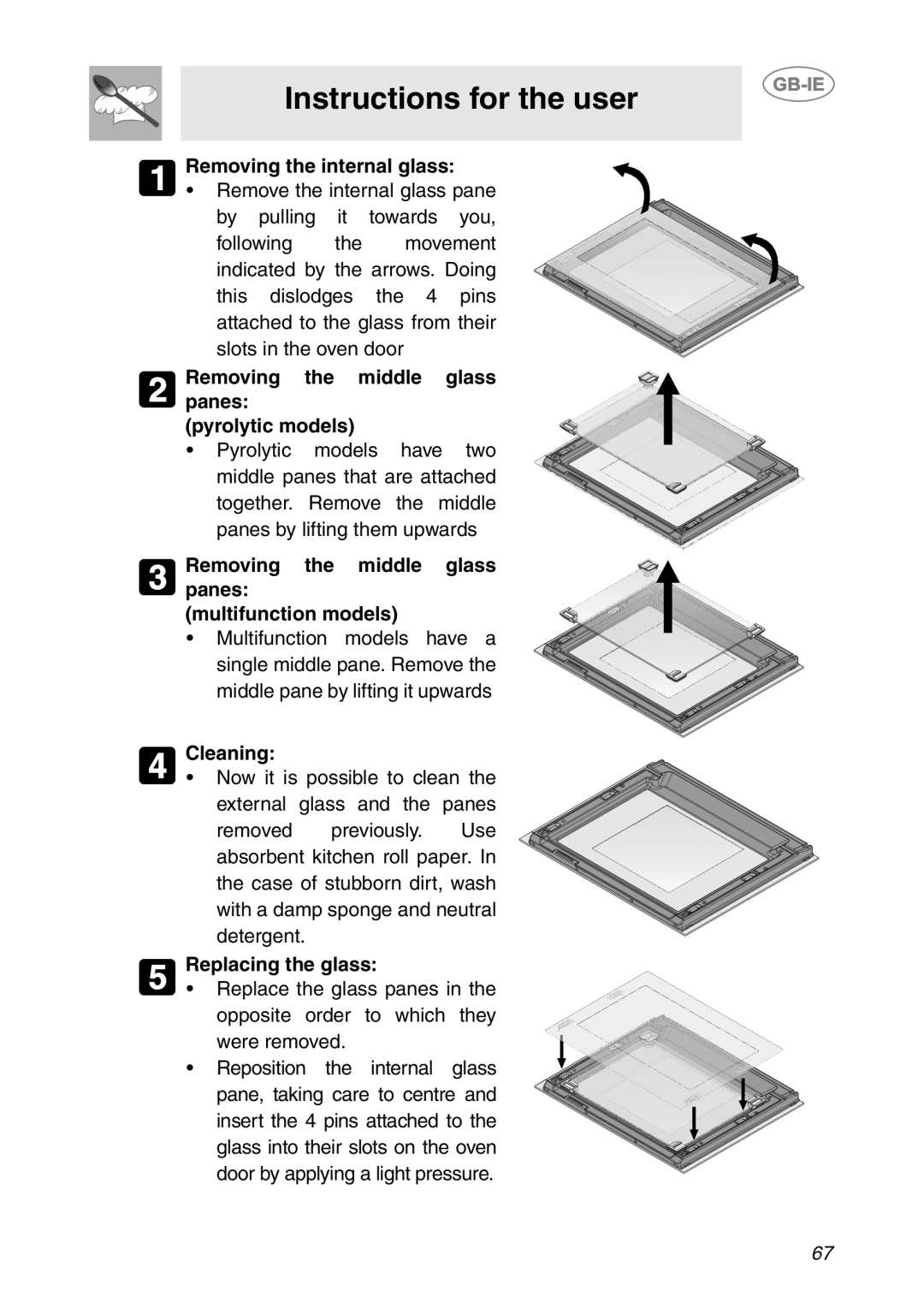 Smeg SCP111-2 Instructions for the user, Removing the internal glass, Removing the middle glass panes pyrolytic models 