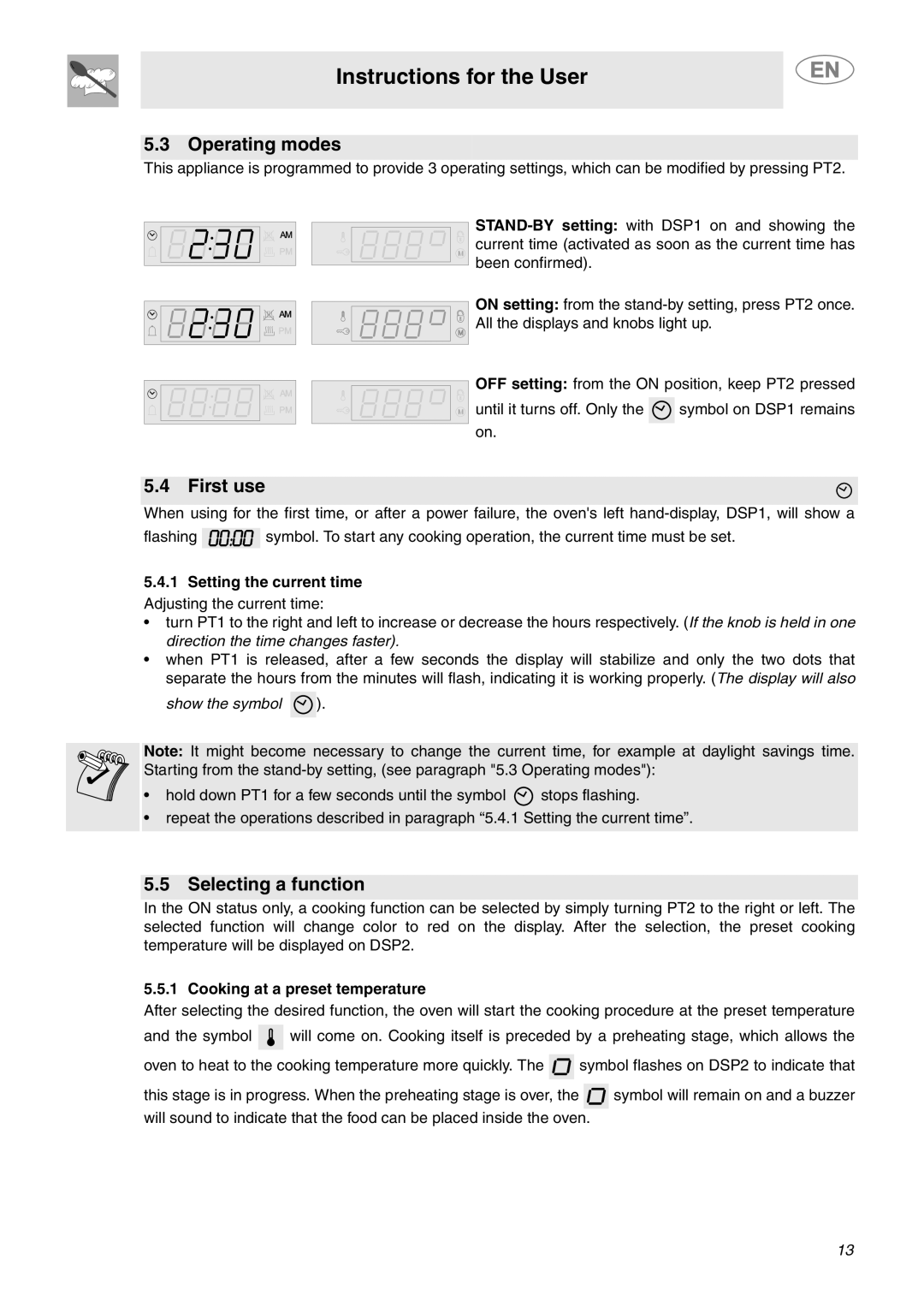 Smeg SCP111NU2 Operating modes, First use, Selecting a function, Setting the current time, Cooking at a preset temperature 