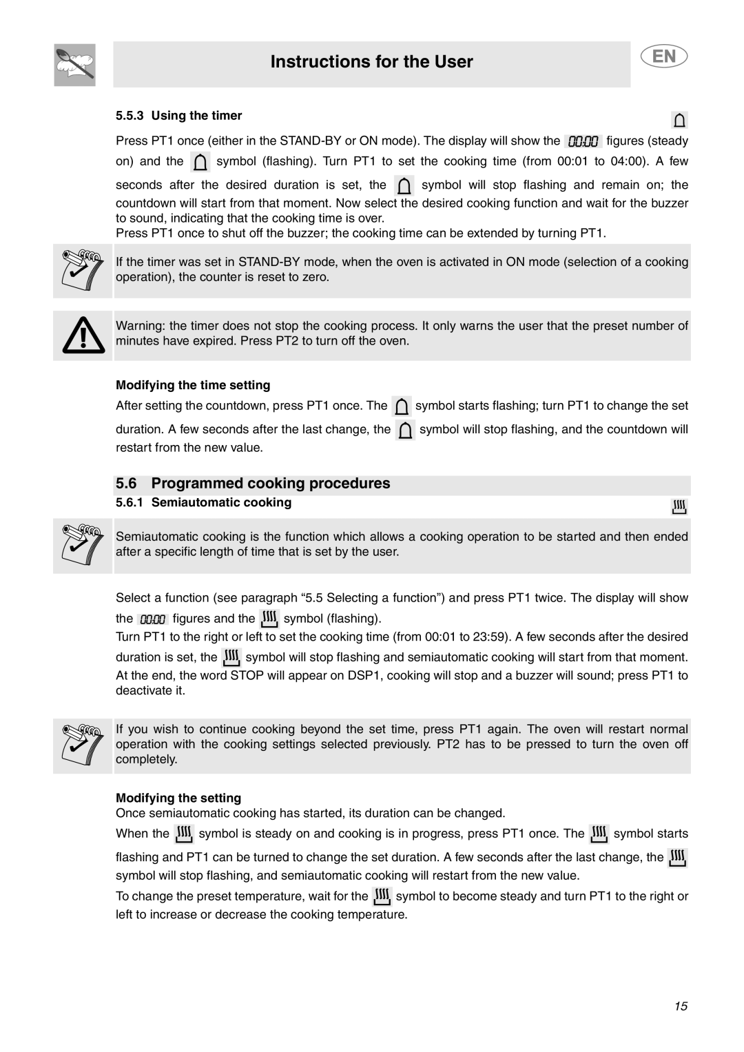 Smeg SCP111NU2 Programmed cooking procedures, Using the timer, Modifying the time setting, Semiautomatic cooking 