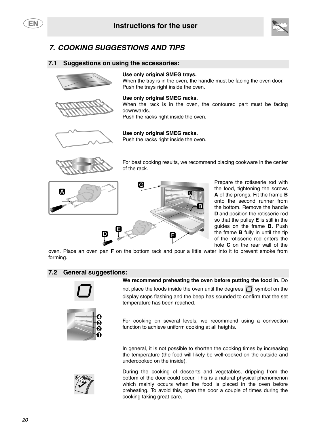 Smeg SCP111BU2, SCP111NU2 Cooking Suggestions and Tips, Suggestions on using the accessories, General suggestions 