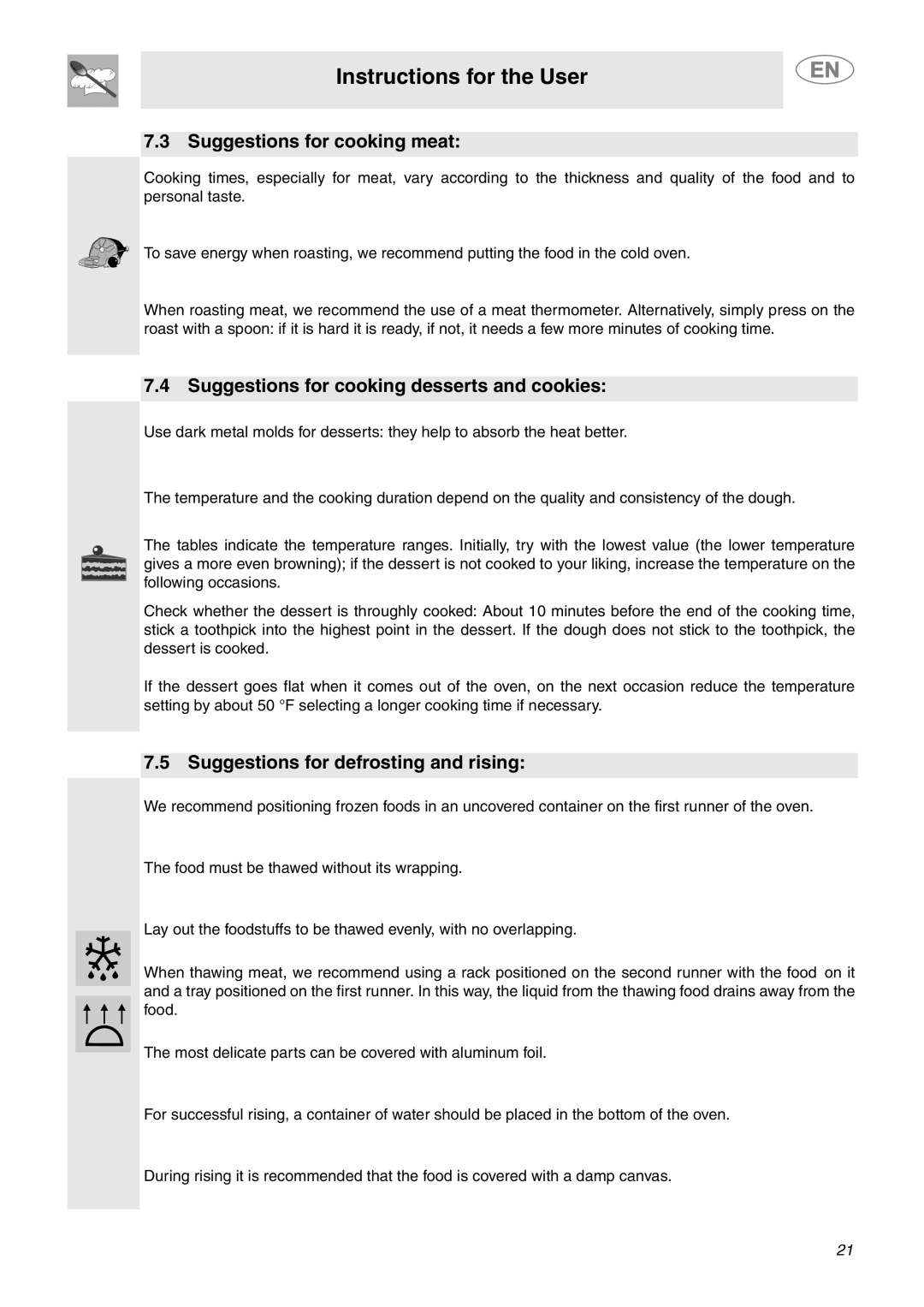 Smeg SCP111NU2, SCP111BU2 Suggestions for cooking meat, Suggestions for cooking desserts and cookies 