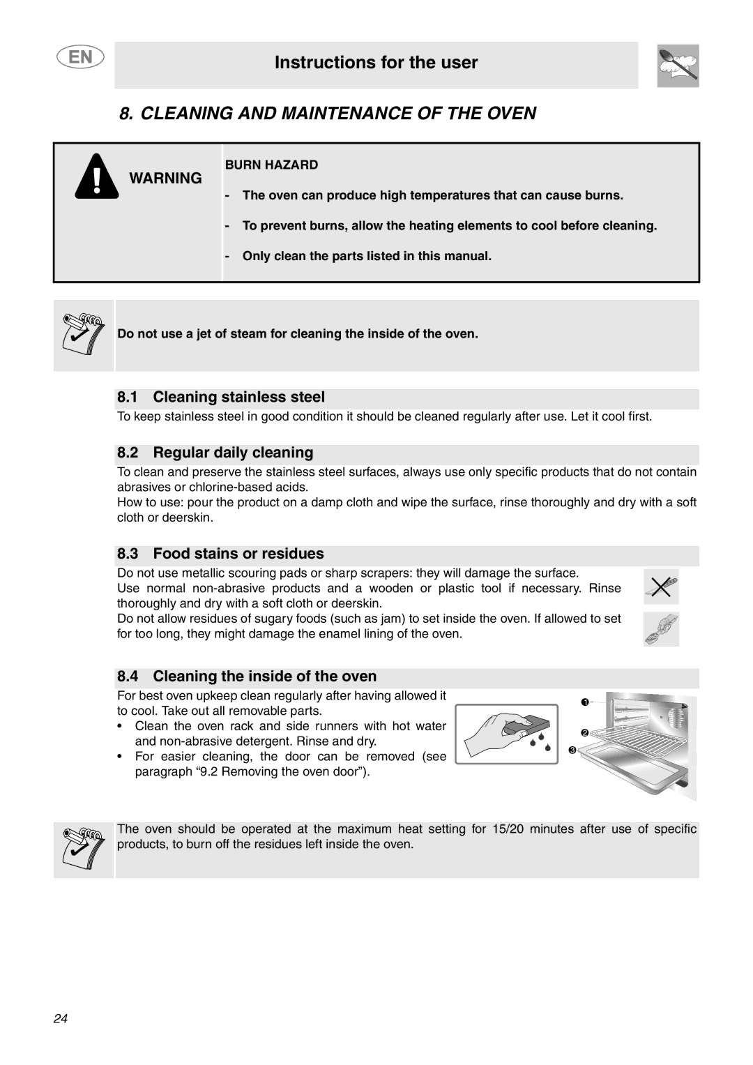 Smeg SCP111BU2, SCP111NU2 Cleaning and Maintenance of the Oven, Cleaning stainless steel, Regular daily cleaning 