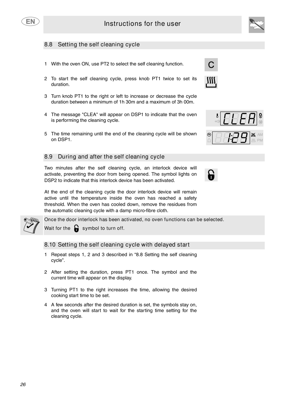 Smeg SCP111BU2, SCP111NU2 Setting the self cleaning cycle, During and after the self cleaning cycle 