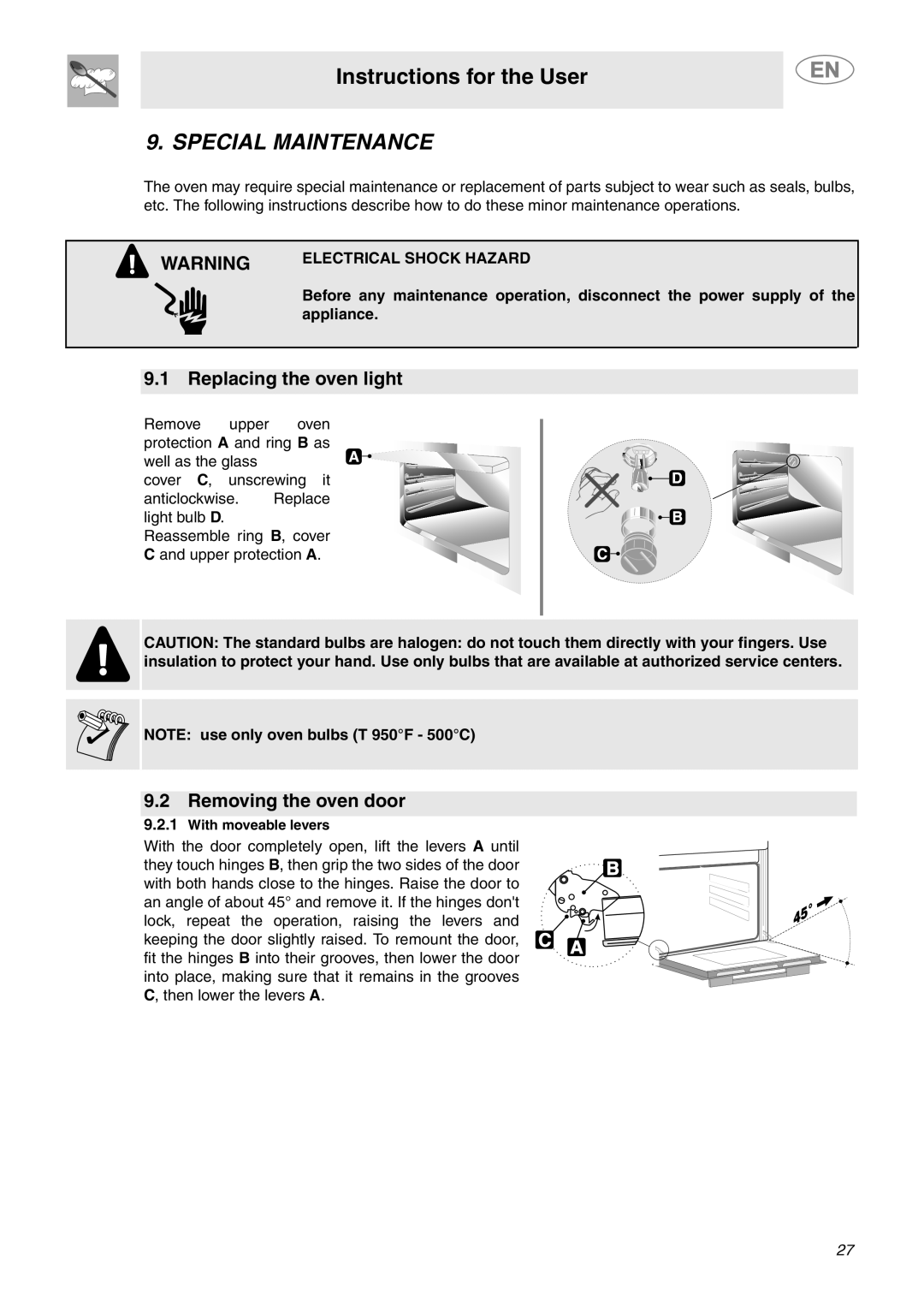 Smeg SCP111NU2, SCP111BU2 Special Maintenance, Replacing the oven light, Removing the oven door, Electrical Shock Hazard 