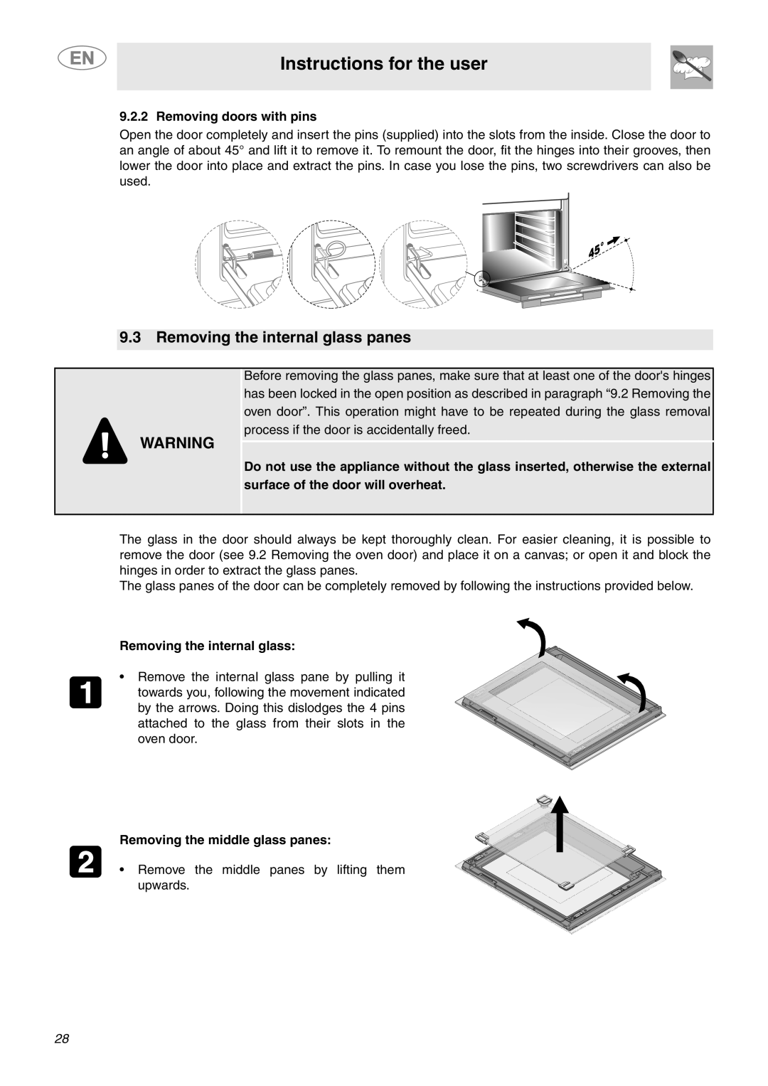 Smeg SCP111BU2, SCP111NU2 Removing the internal glass panes, Removing doors with pins, Removing the middle glass panes 