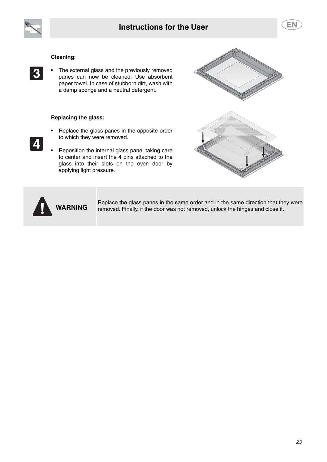 Smeg SCP111NU2, SCP111BU2 important safety instructions Cleaning, Replacing the glass 