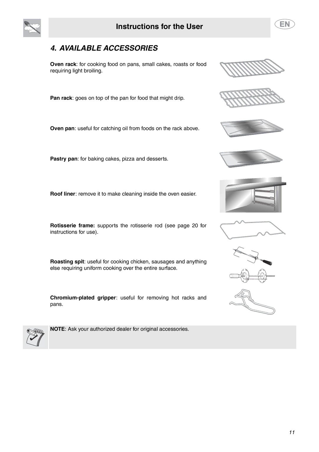 Smeg SCP111NU2, SCP111BU2 important safety instructions Available Accessories 