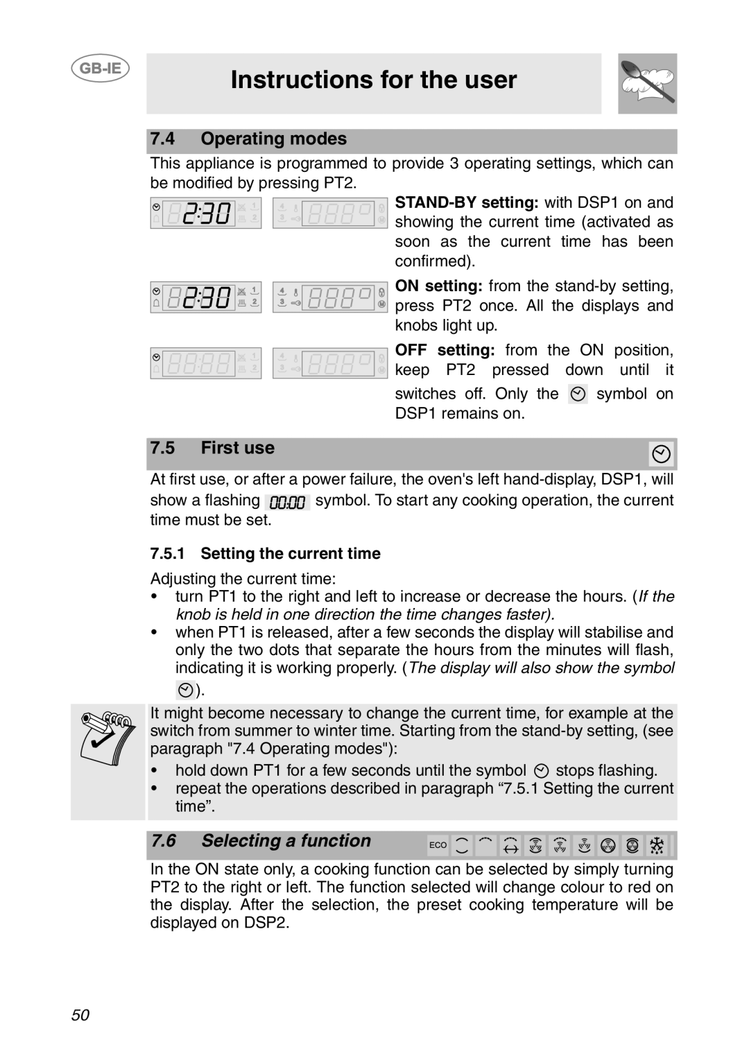 Smeg SCP111EB1, SCP111NE1, SCP111-1 Operating modes, First use, STAND-BY setting with DSP1 on, Setting the current time 