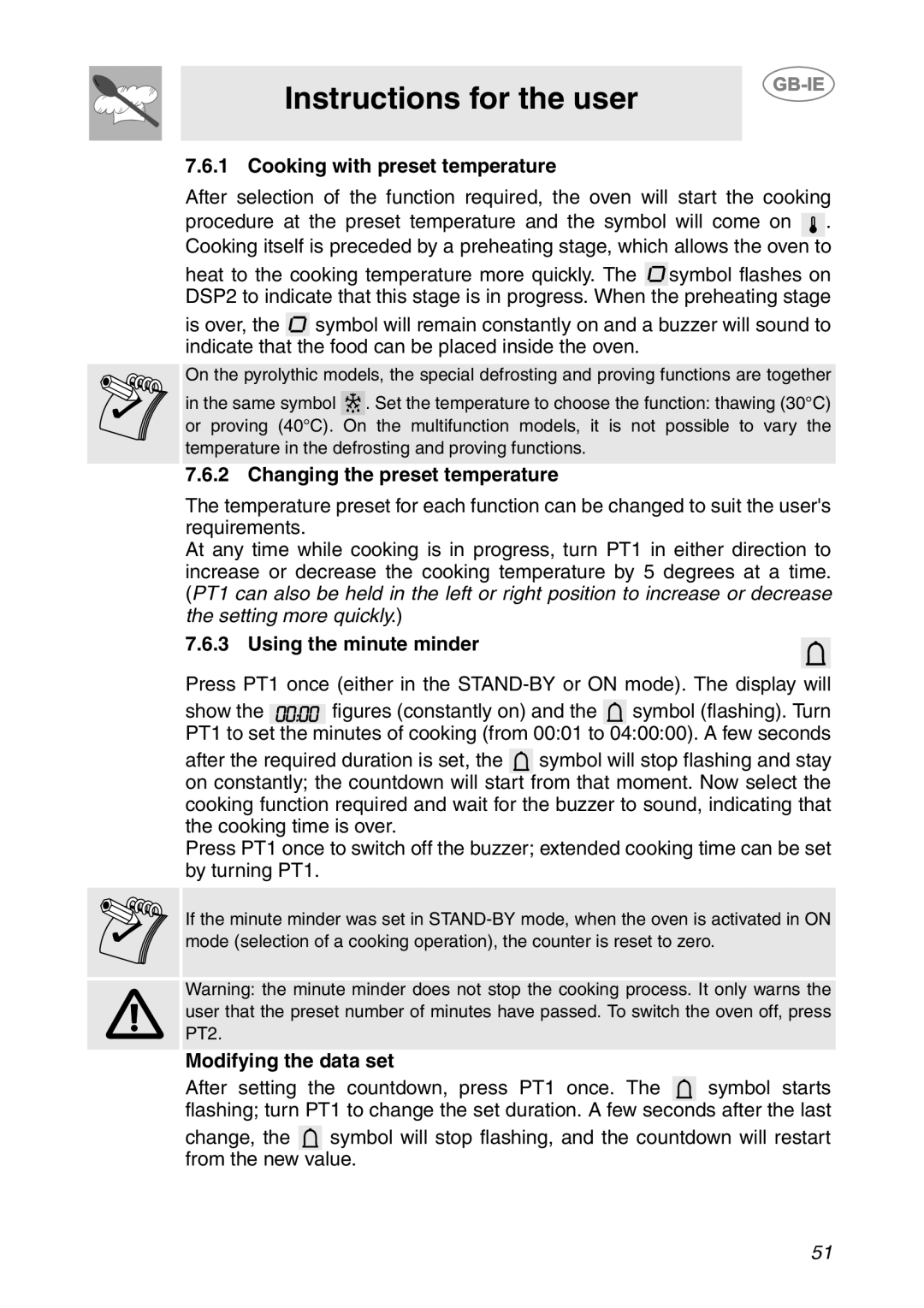 Smeg SCP111-1, SCP111NE1 manual Cooking with preset temperature, Changing the preset temperature, Using the minute minder 