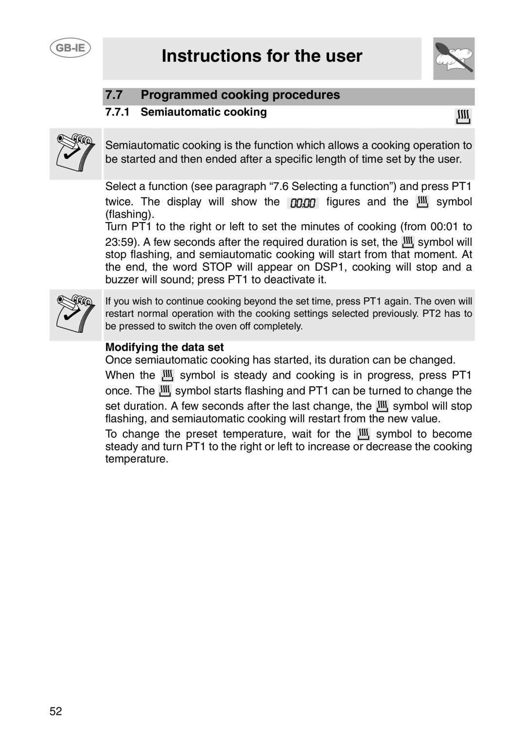 Smeg SCP111NE1, SCP111EB1, SCP111-1 manual Programmed cooking procedures, Semiautomatic cooking 