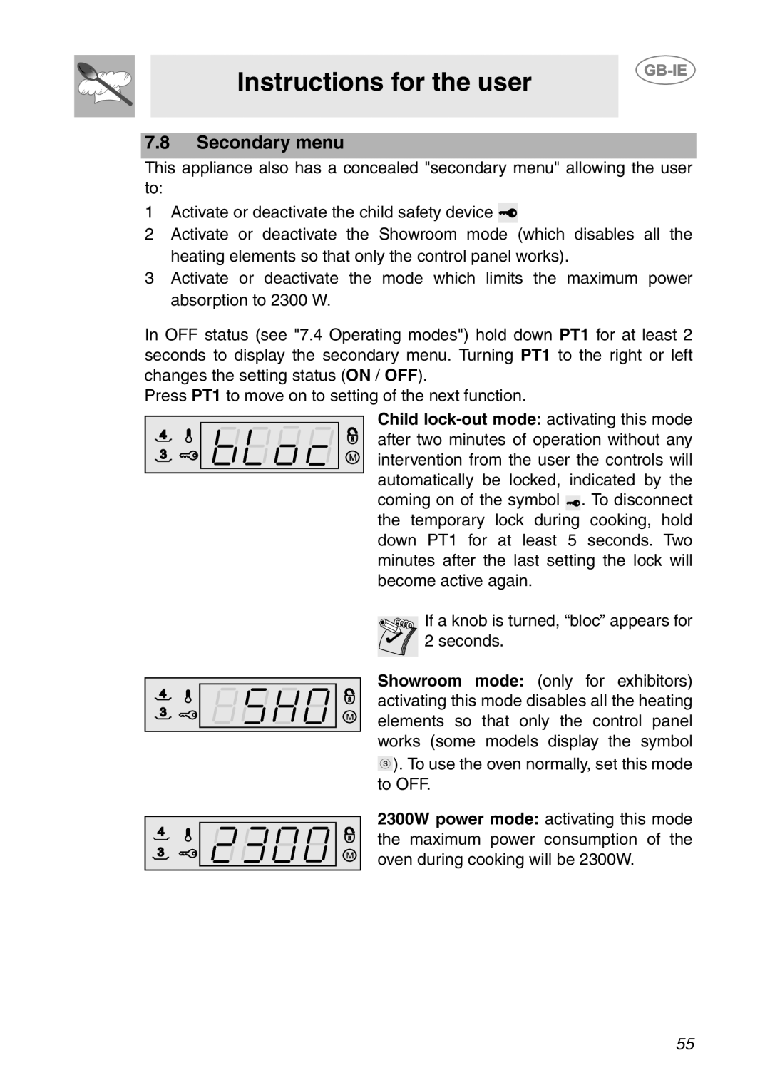 Smeg SCP111NE1, SCP111EB1, SCP111-1 manual Secondary menu 