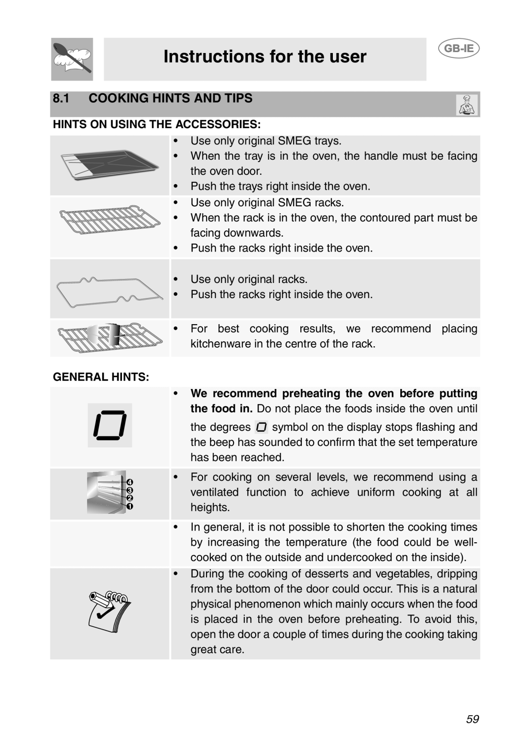 Smeg SCP111EB1, SCP111NE1, SCP111-1 manual Hints on Using the Accessories, General Hints 