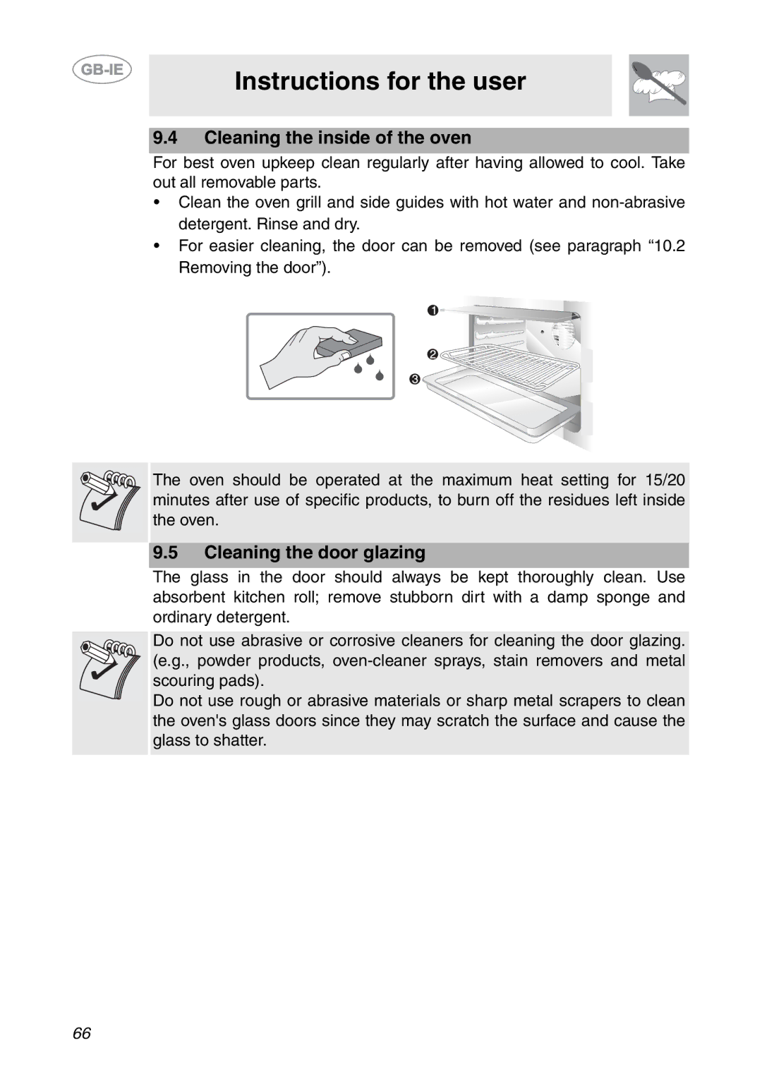 Smeg SCP111-1, SCP111NE1, SCP111EB1 manual Cleaning the inside of the oven, Cleaning the door glazing 