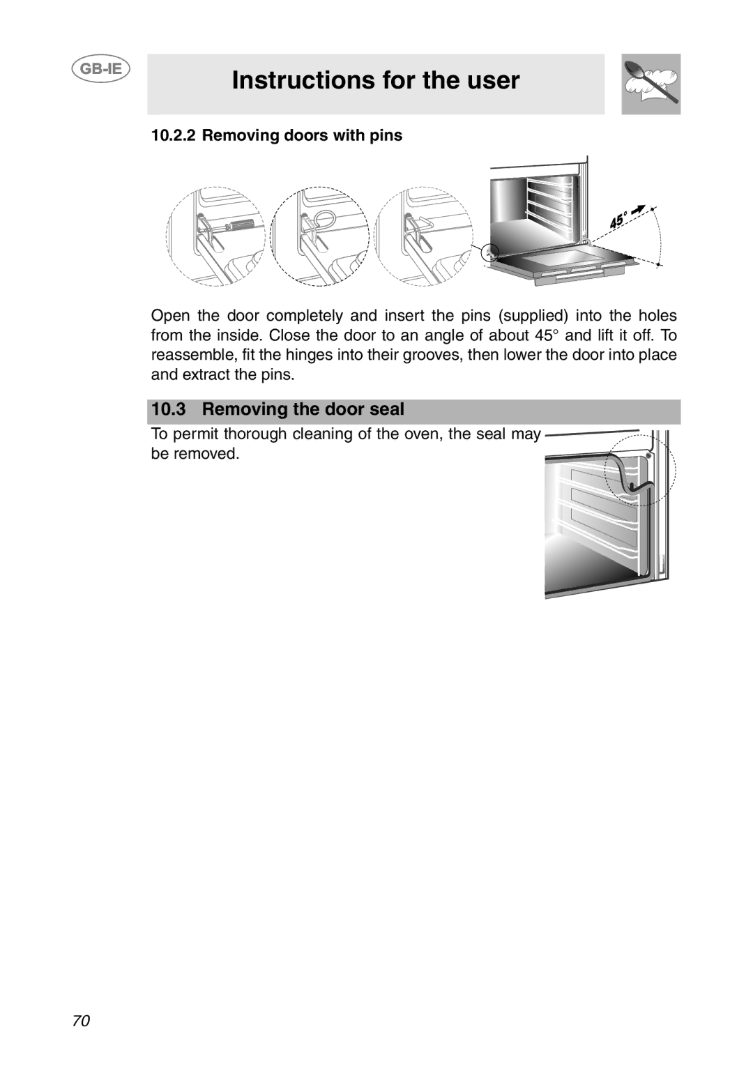 Smeg SCP111NE1, SCP111EB1, SCP111-1 manual Removing the door seal, Removing doors with pins 