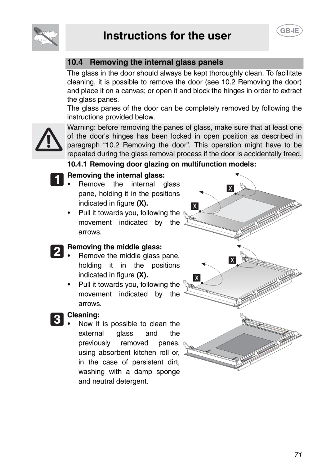 Smeg SCP111EB1, SCP111NE1, SCP111-1 manual Removing the internal glass panels, Removing the middle glass, Cleaning 