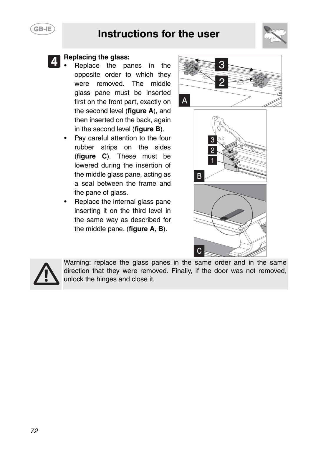 Smeg SCP111-1, SCP111NE1, SCP111EB1 manual Replacing the glass 