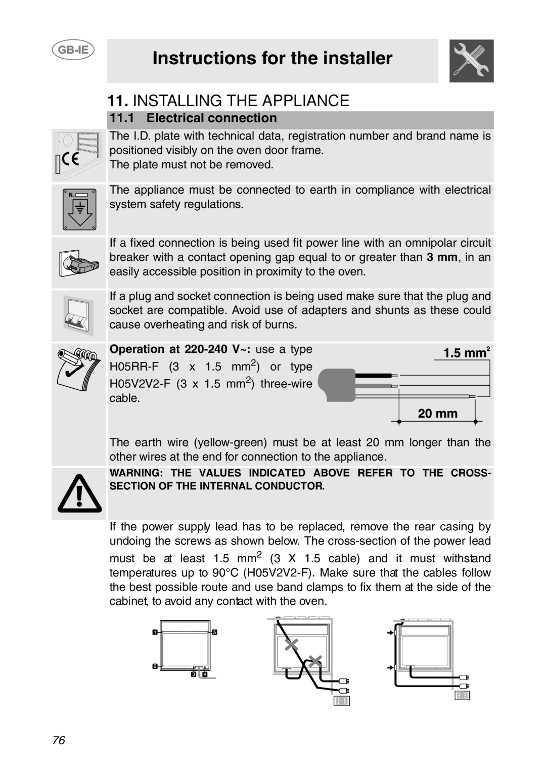 Smeg SCP111NE1, SCP111EB1, SCP111-1 Installing the Appliance, Electrical connection, Operation at 220-240 V~ use a type 