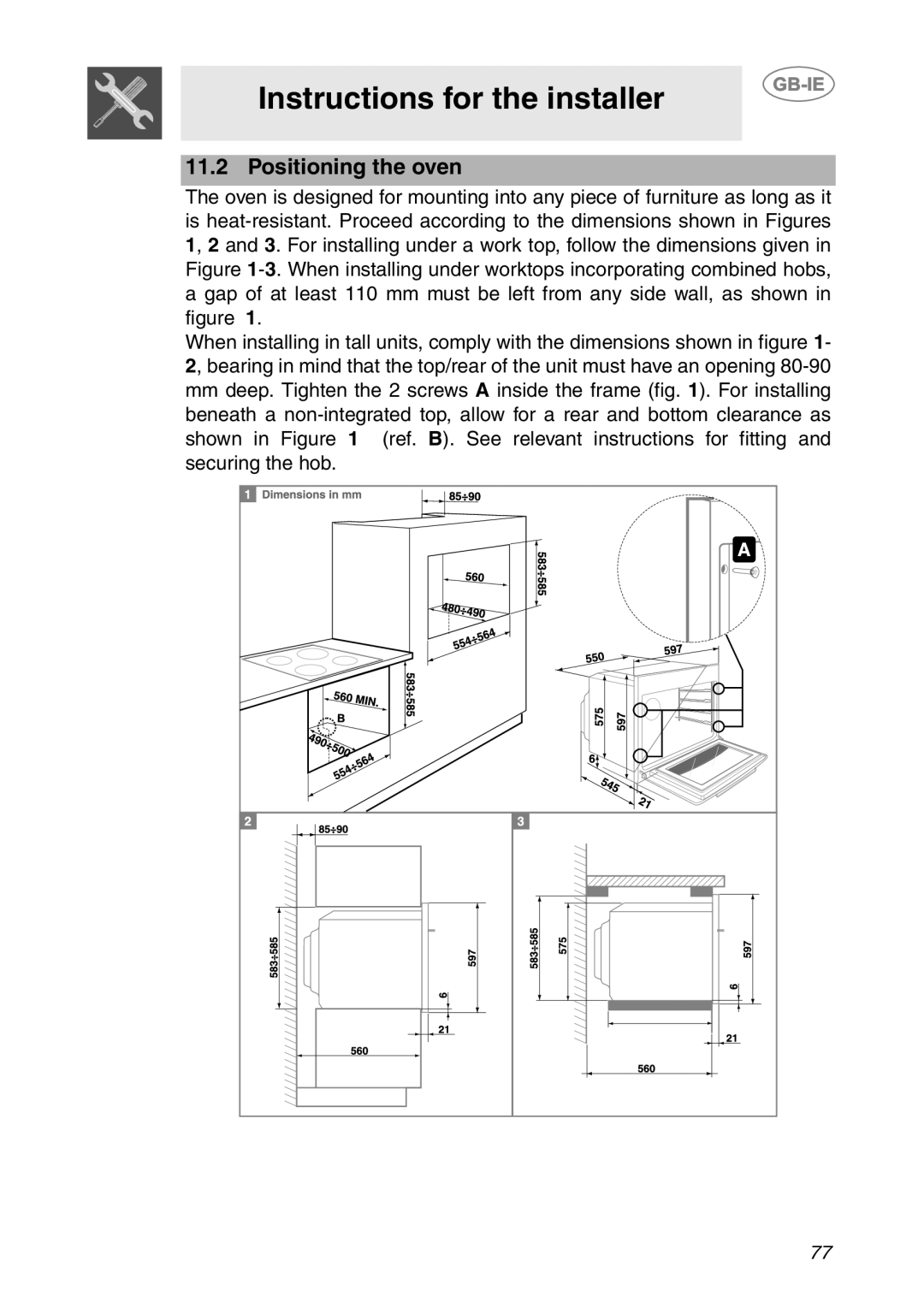 Smeg SCP111EB1, SCP111NE1, SCP111-1 manual Positioning the oven 