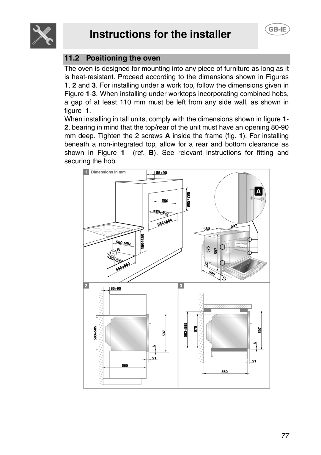 Smeg SCP111EB1, SCP111NE1, SCP111-1 manual Positioning the oven, Instructions for the installer 