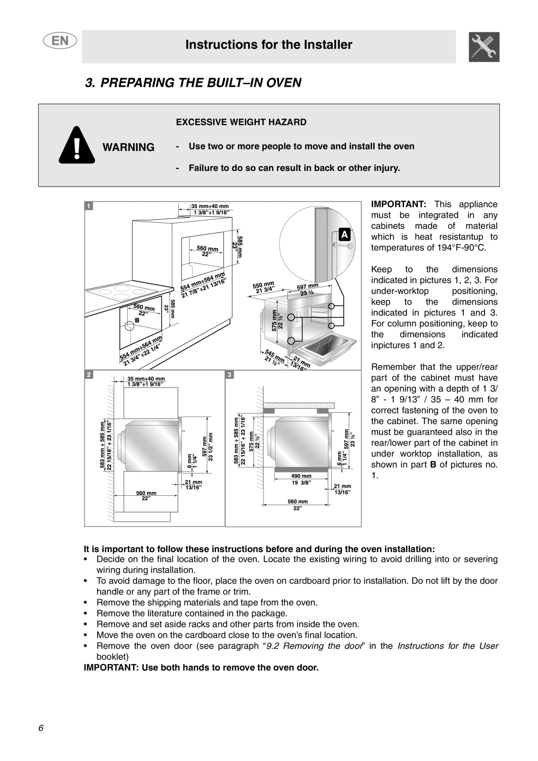 Smeg SCP160XU, SCP171XU important safety instructions Preparing the BUILT-IN Oven, Excessive Weight Hazard 