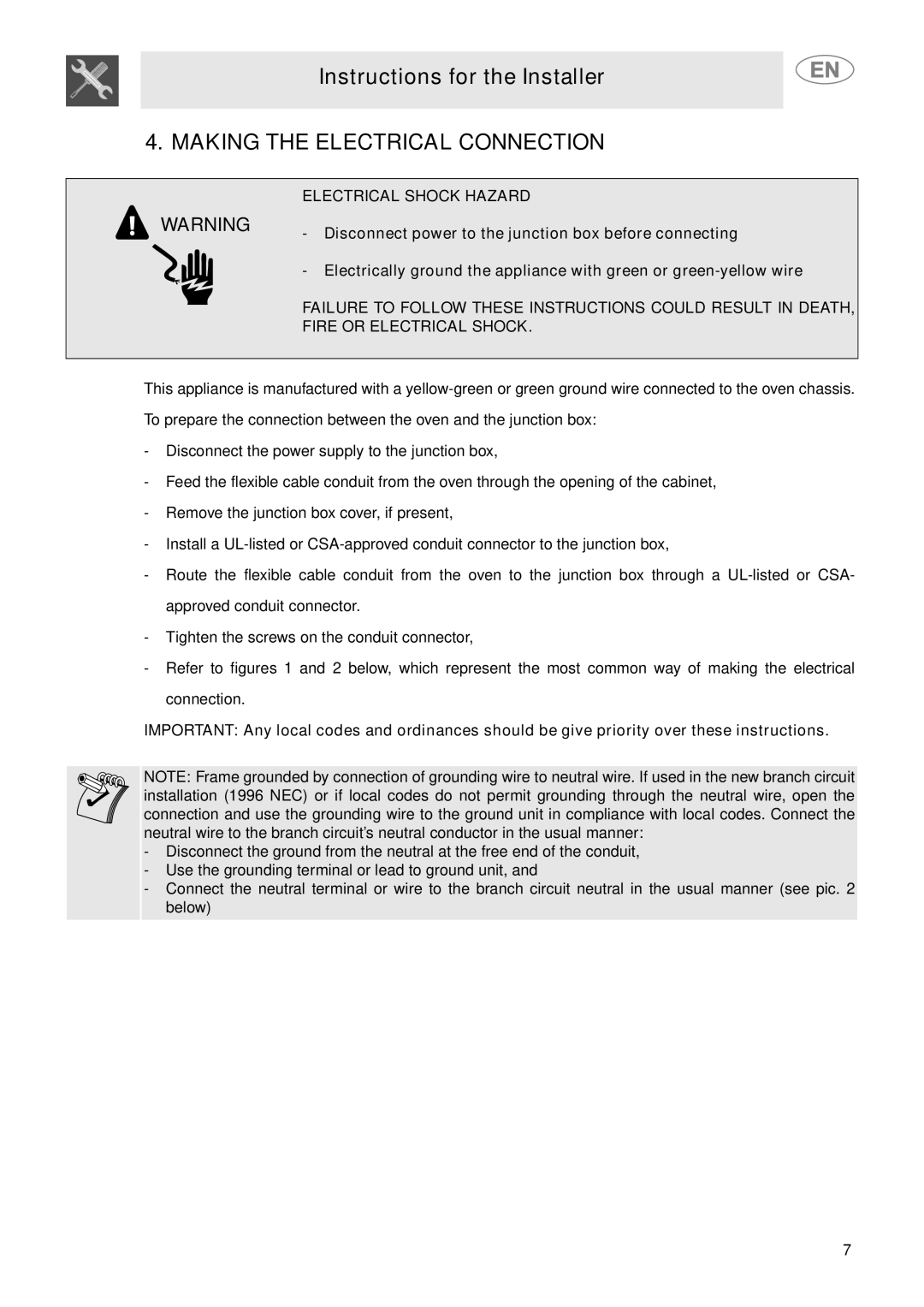 Smeg SCP171XU, SCP160XU important safety instructions Making the Electrical Connection, Electrical Shock Hazard 