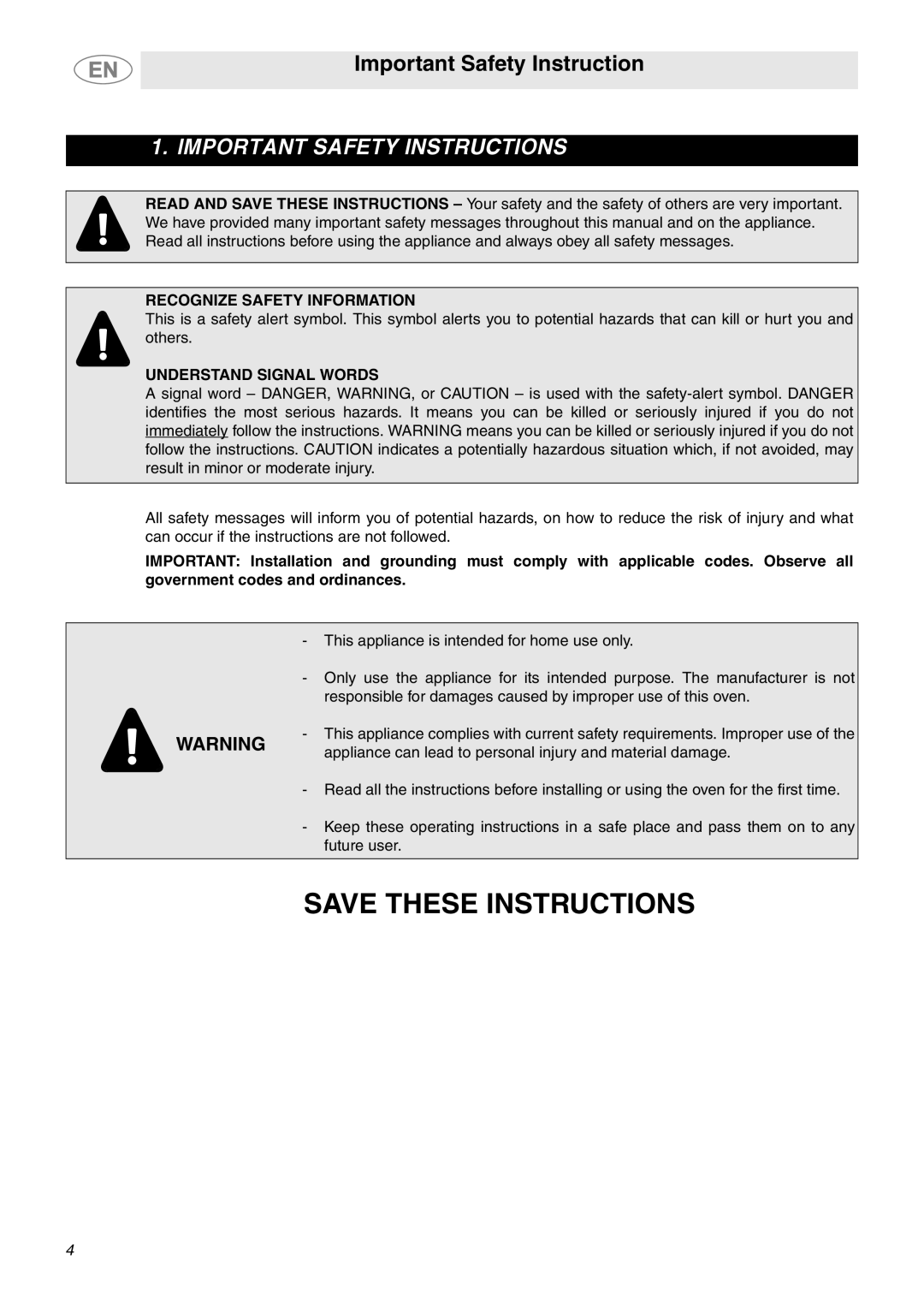Smeg SCP160XU, SCP171XU important safety instructions Save These Instructions, Important Safety Instructions 