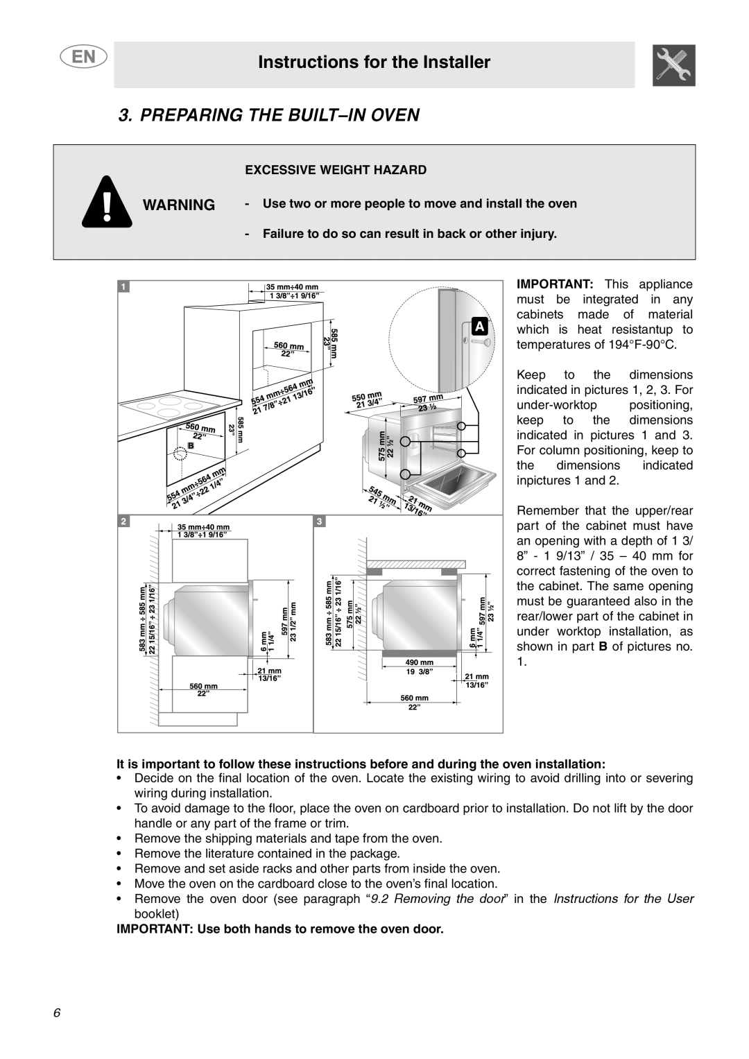 Smeg SCP160XU, SCP171XU important safety instructions Instructions for the Installer, Preparing The Built-Inoven 