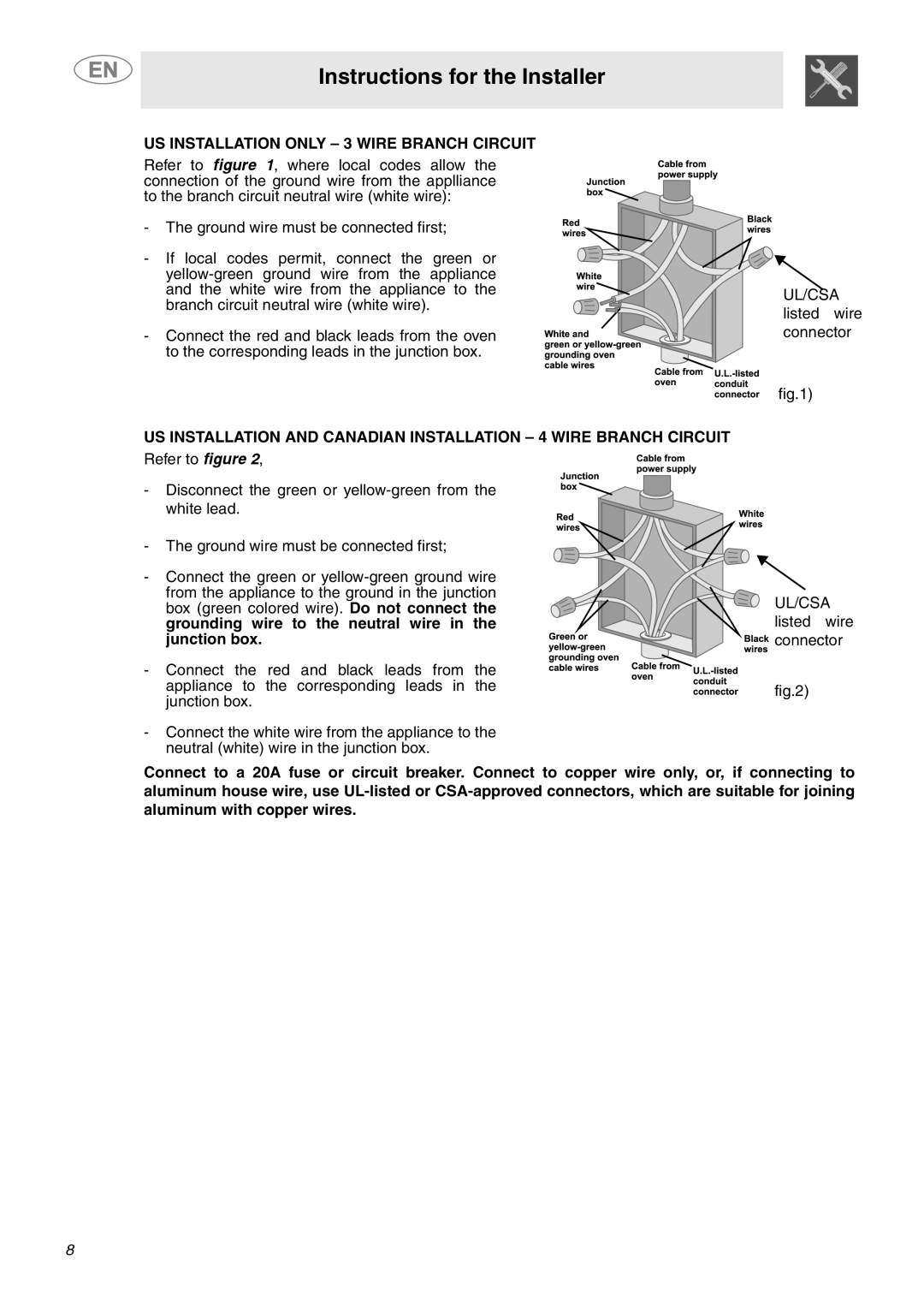 Smeg SCP160XU, SCP171XU Instructions for the Installer, US INSTALLATION ONLY - 3 WIRE BRANCH CIRCUIT 