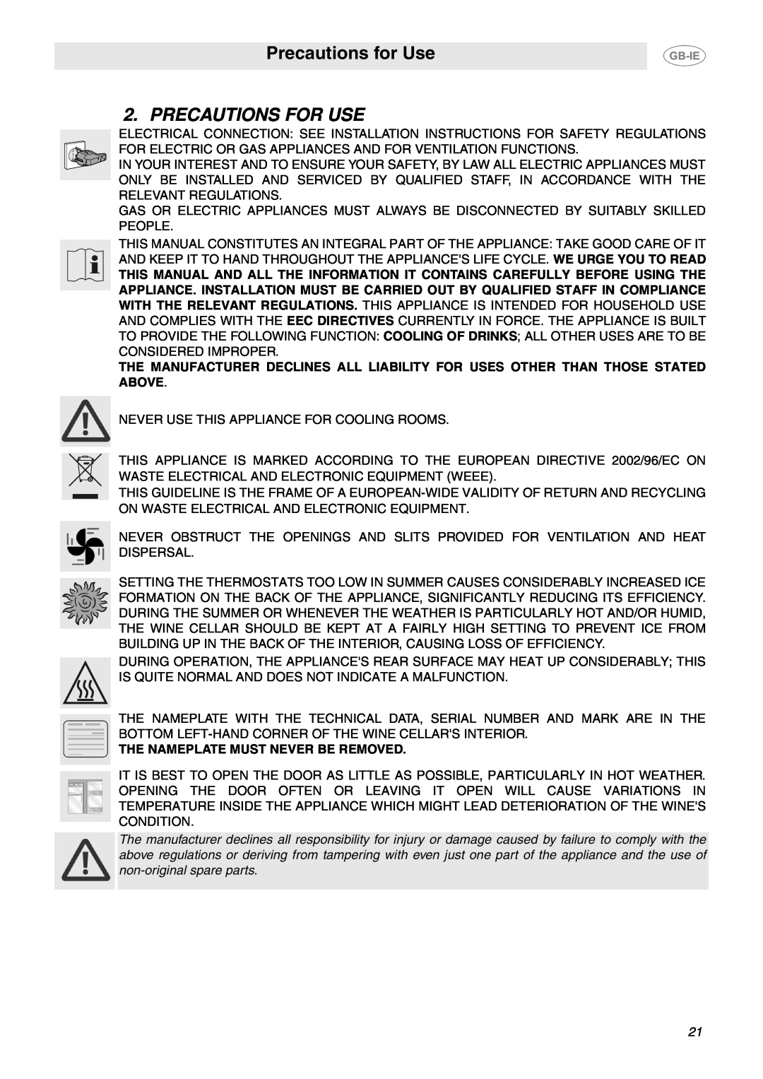 Smeg SCV36XS dimensions Precautions for Use, Precautions For Use 