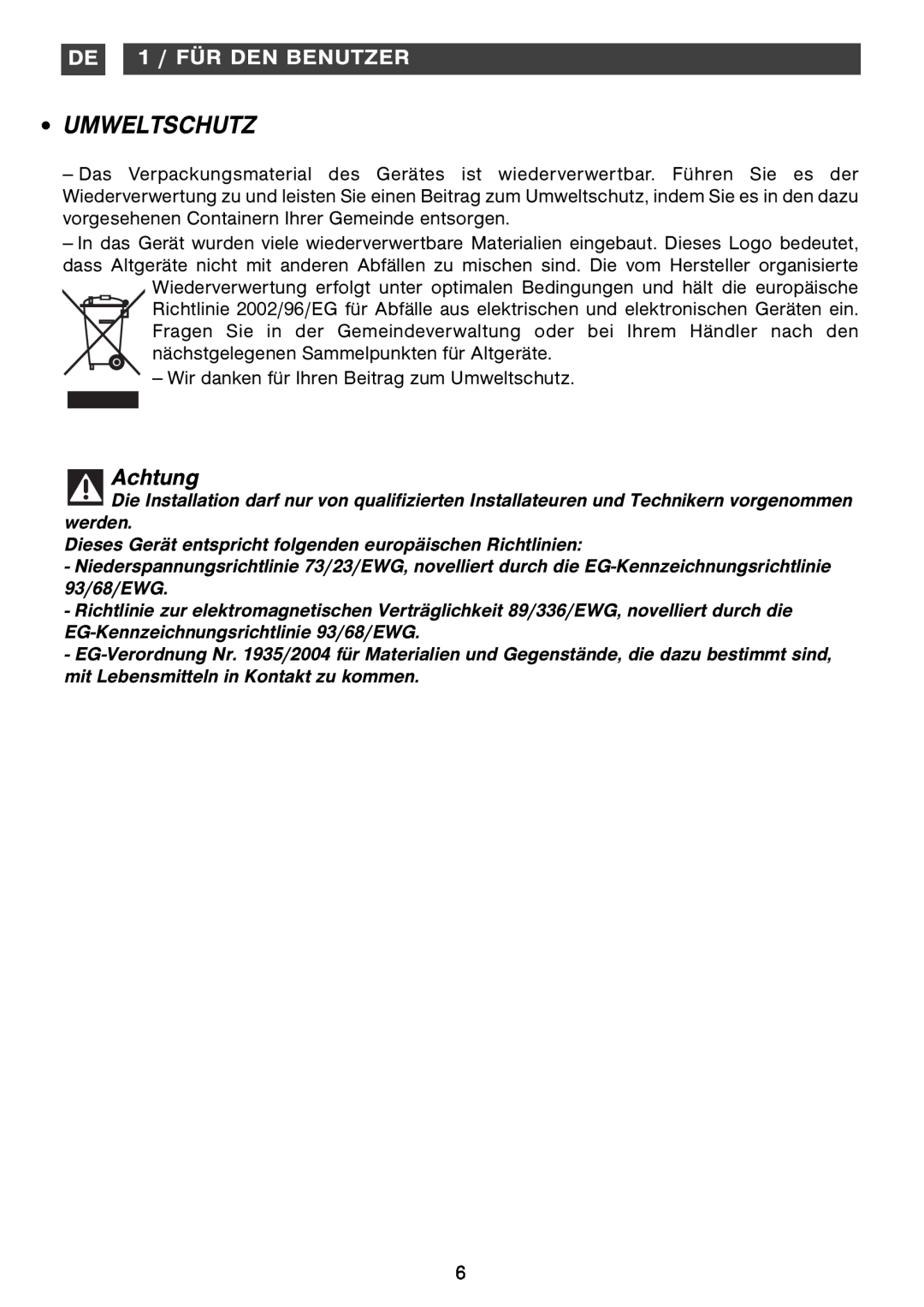 Smeg SCV38X manual Umweltschutz, Achtung, DE 1 / FÜR DEN BENUTZER 