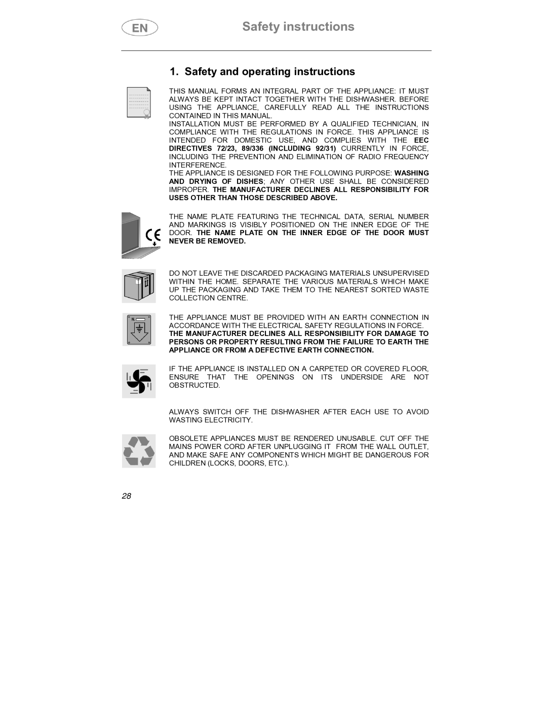 Smeg SDCY66-1, SDCY66X1 instruction manual Safety instructions, Safety and operating instructions 