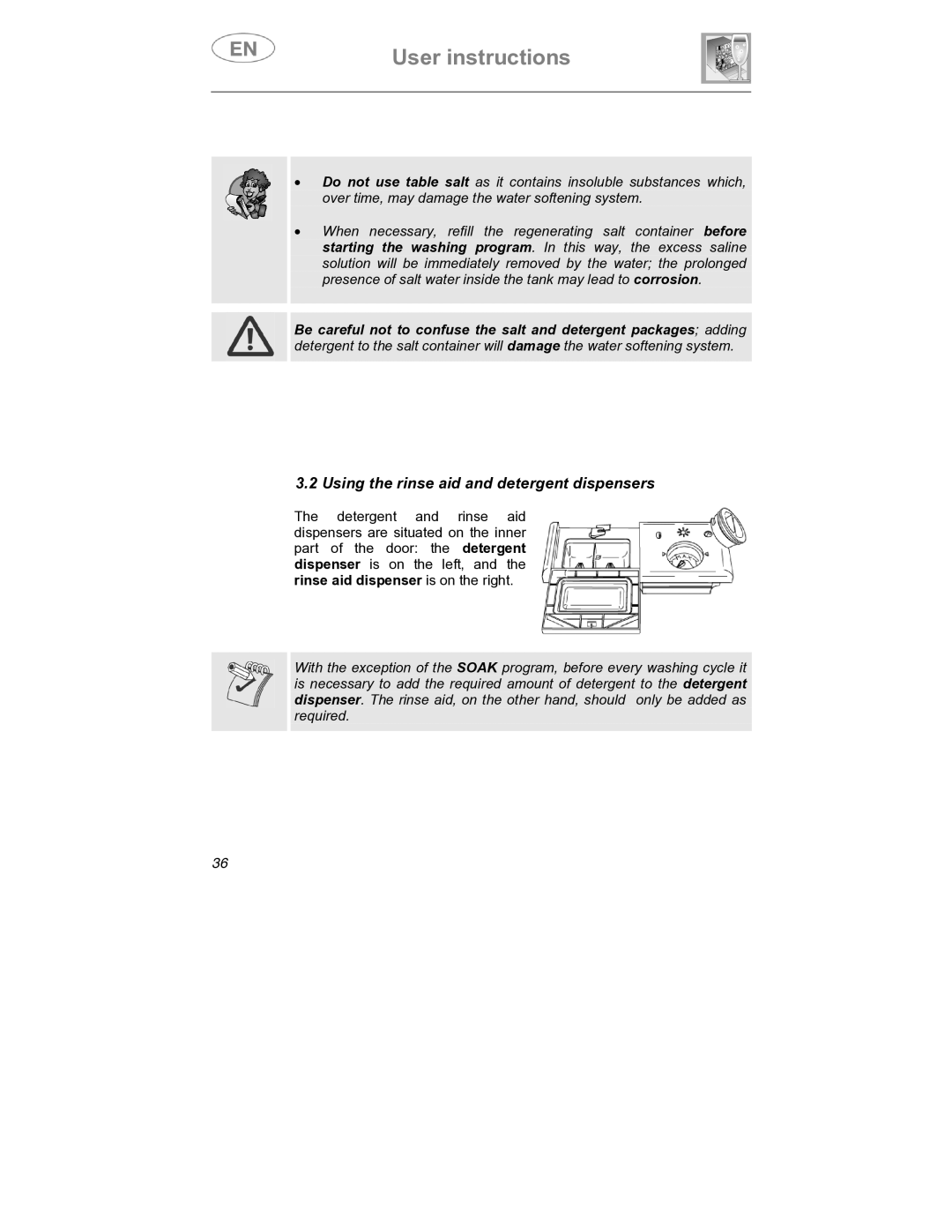 Smeg SDCY66-1, SDCY66X1 instruction manual Using the rinse aid and detergent dispensers 