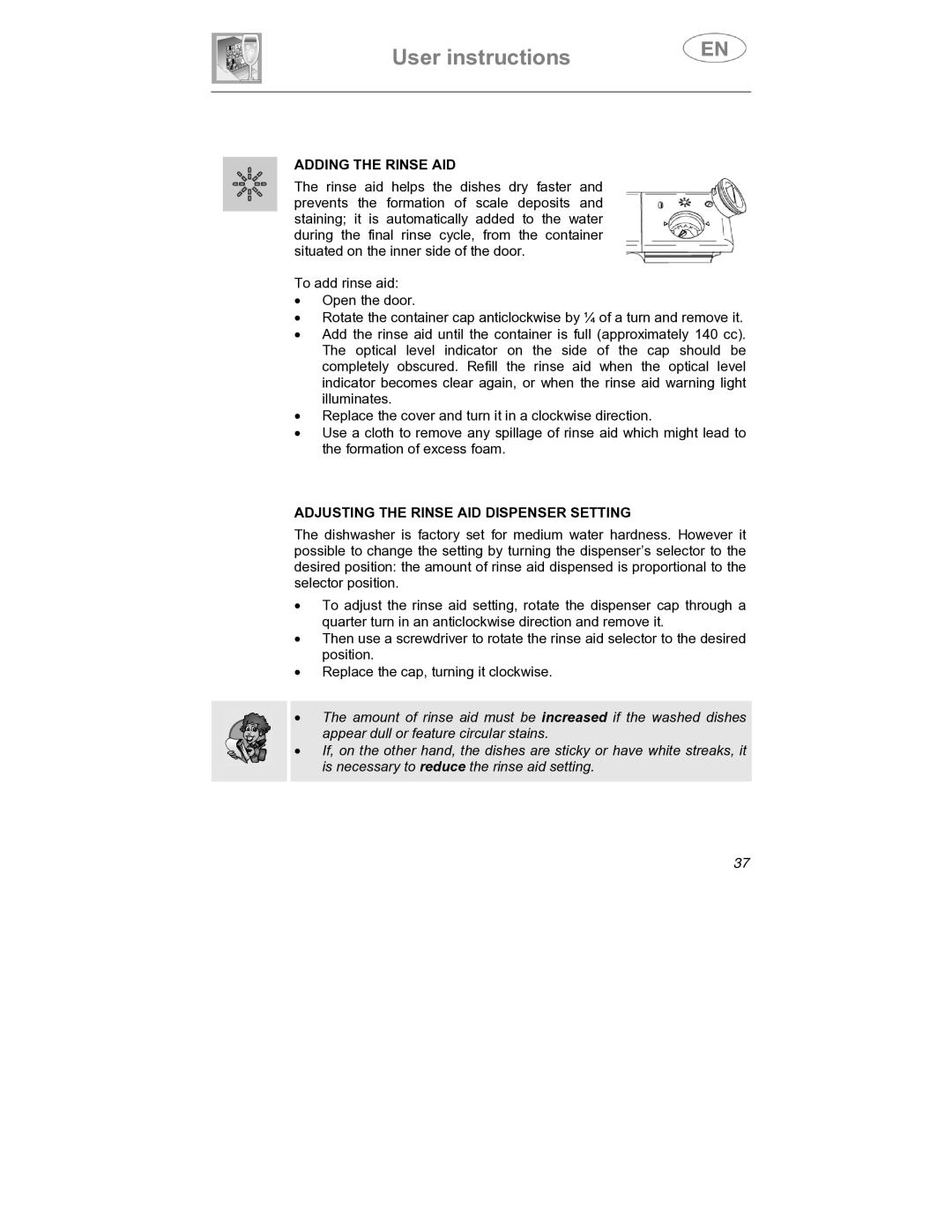 Smeg SDCY66X1, SDCY66-1 instruction manual Adding the Rinse AID, Adjusting the Rinse AID Dispenser Setting 