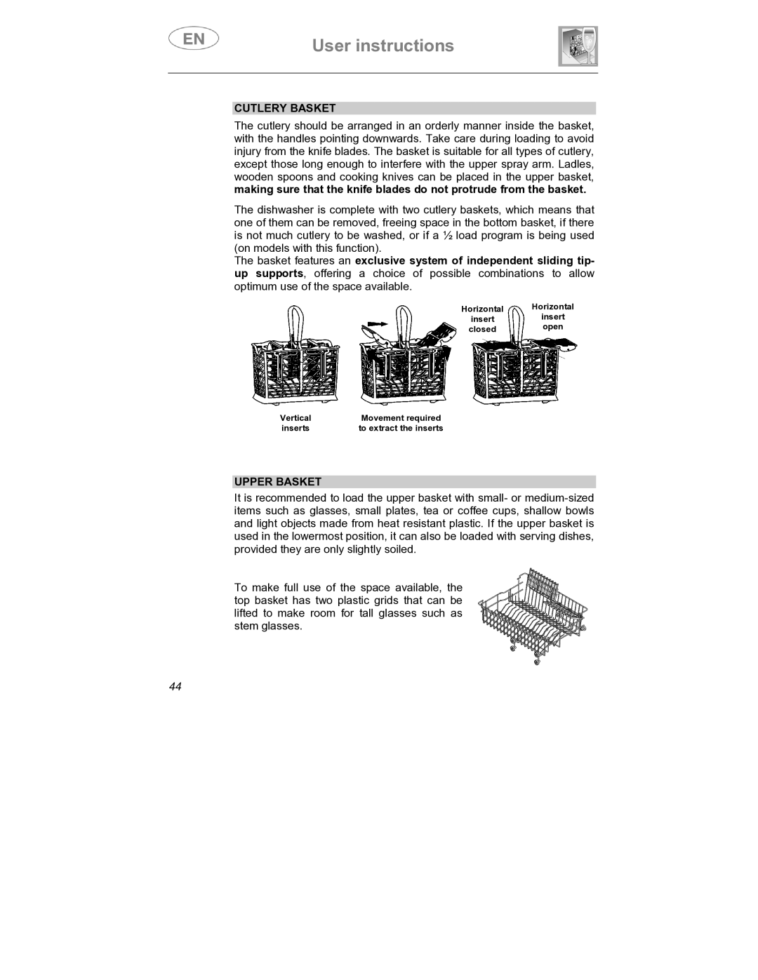 Smeg SDCY66-1, SDCY66X1 instruction manual Cutlery Basket, Upper Basket 