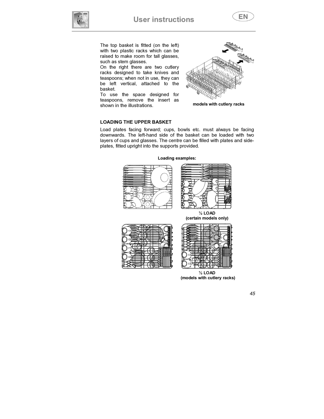 Smeg SDCY66X1, SDCY66-1 instruction manual Loading the Upper Basket 