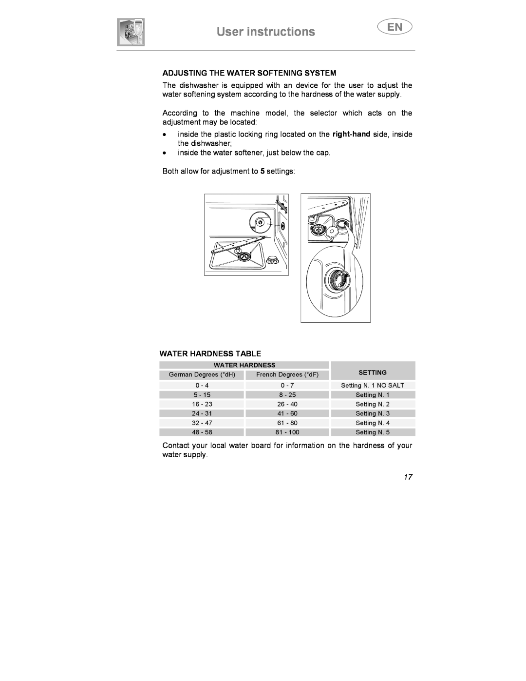 Smeg SDCY66X1, SDCY66-1 instruction manual User instructions, Adjusting The Water Softening System, Water Hardness Table 