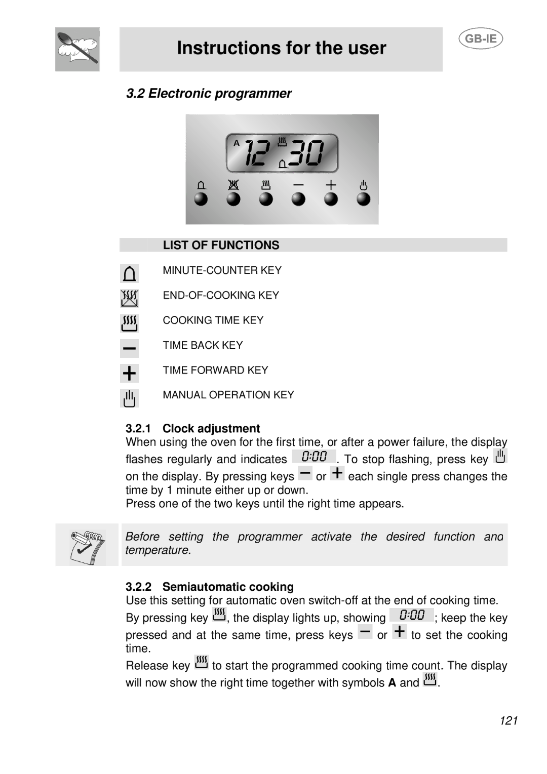 Smeg SDK380X-5, SDK398X-5 manual Electronic programmer, Clock adjustment, Semiautomatic cooking 